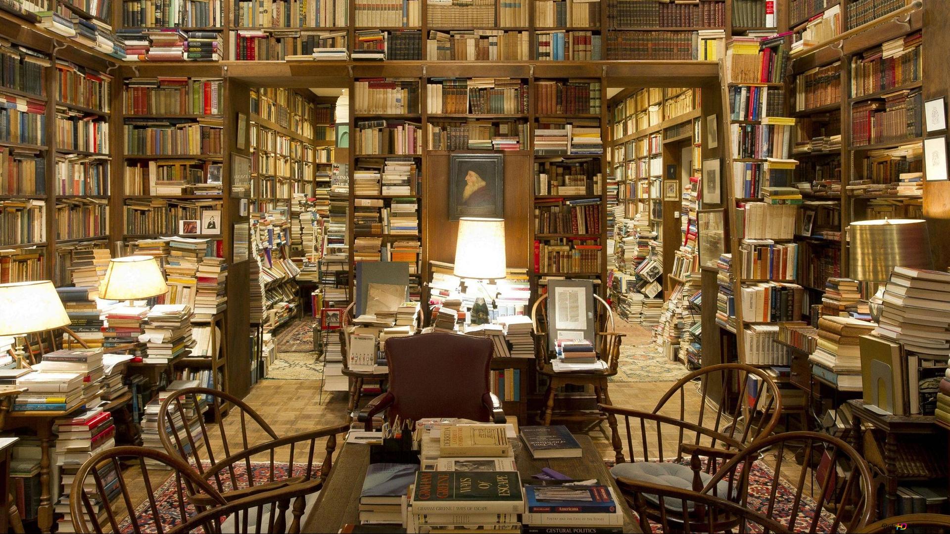 Antiquariat, Bücherberge, Schreibtisch, Lampen, 1920x1080, Full-HD-Hintergrundbild für PC