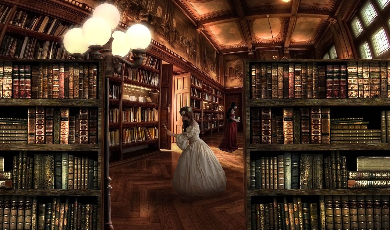 Frau, Ballkleid, Leselampen, Bücherregale, Viktorianisch, HD, Windows-Hintergrundbild