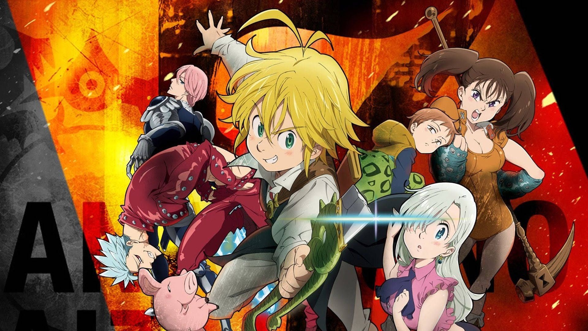 Meliodas, Elizabeth Liones, Ban, Diane, King, Hawk, The Seven Deadly Sins, Gruppenbild, Full-HD-Hintergrund