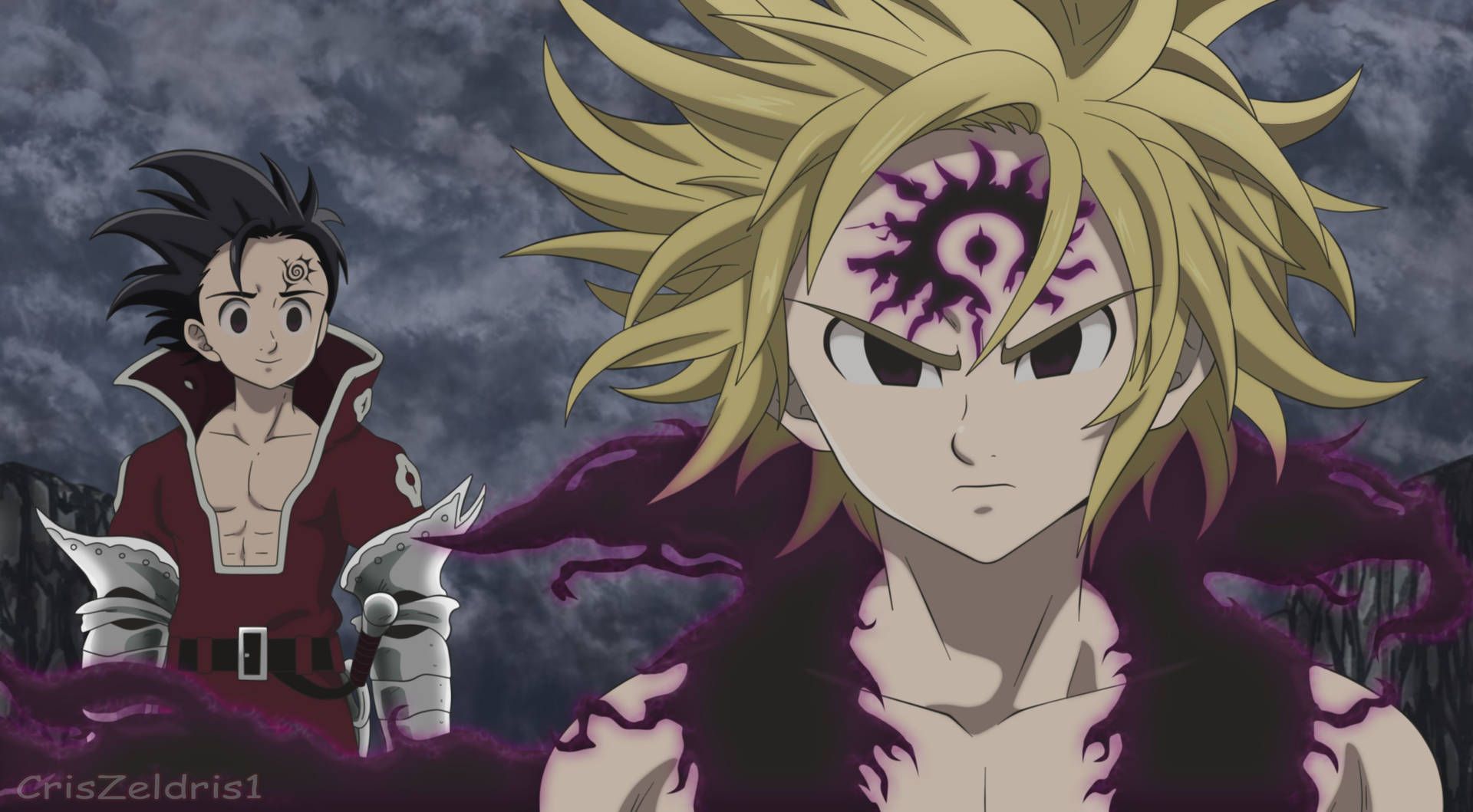Meliodas, Zeldris, The Seven Deadly Sins, Dämonenmal, Gewitterhimmel, Anime, Full-HD-Hintergrundbild