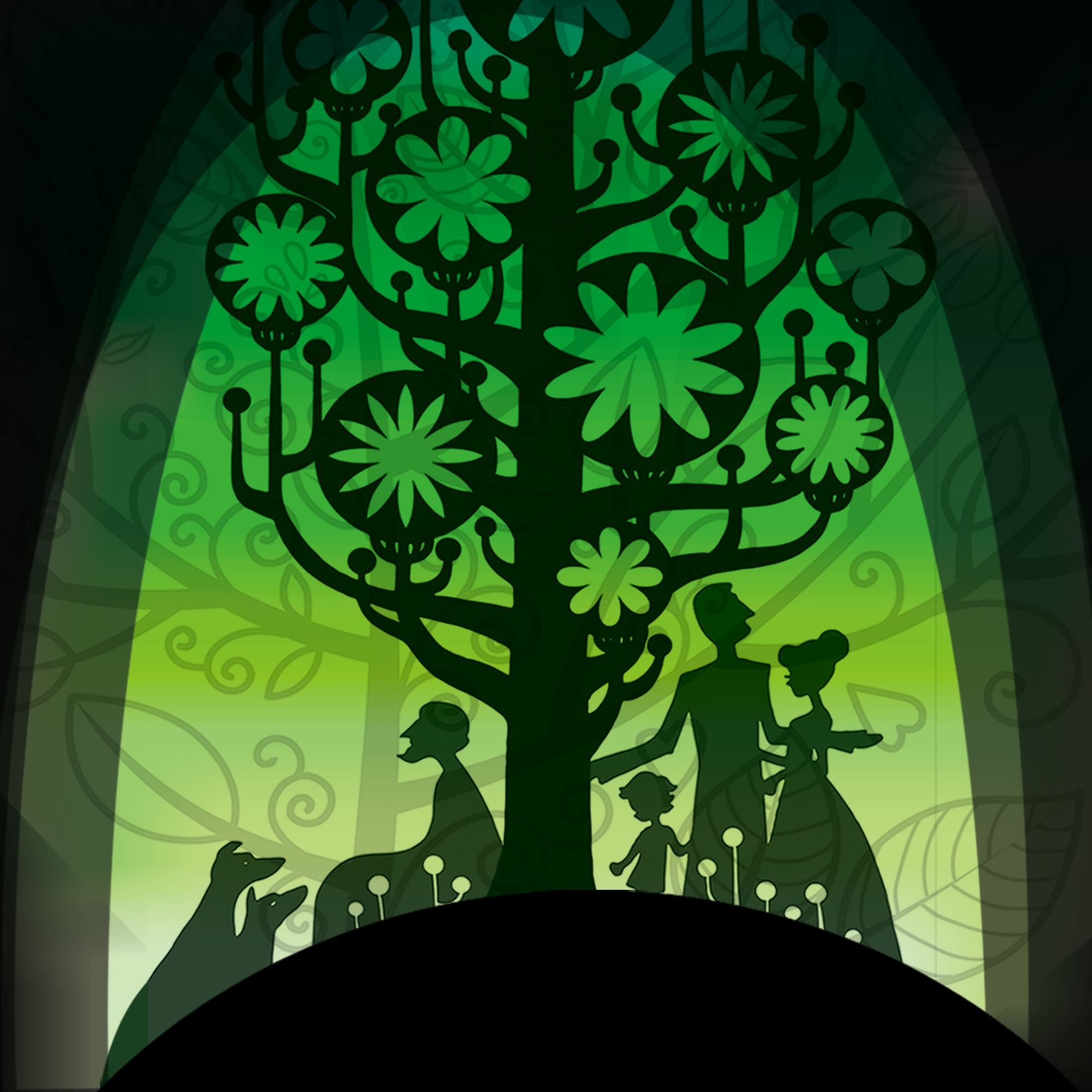 Scherenschnitt, Baum, Silhouetten, Grünes Licht, Papierkunst, Full HD, Tablet-Hintergrund