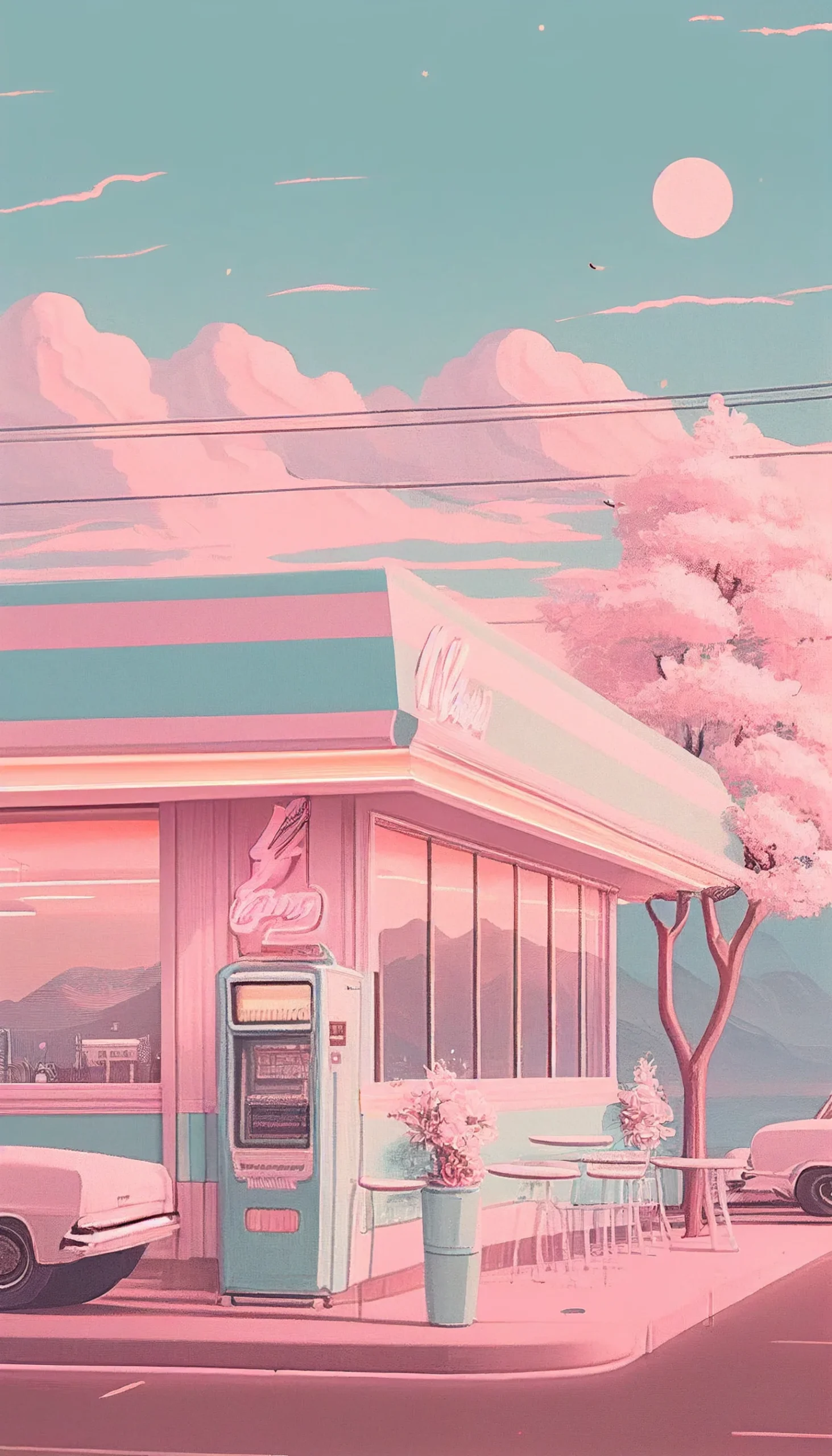 Diner, Retro, Rosa Töne, Digitale Kunst, Bäume, Ästhetisch, Android-Hintergrundbild