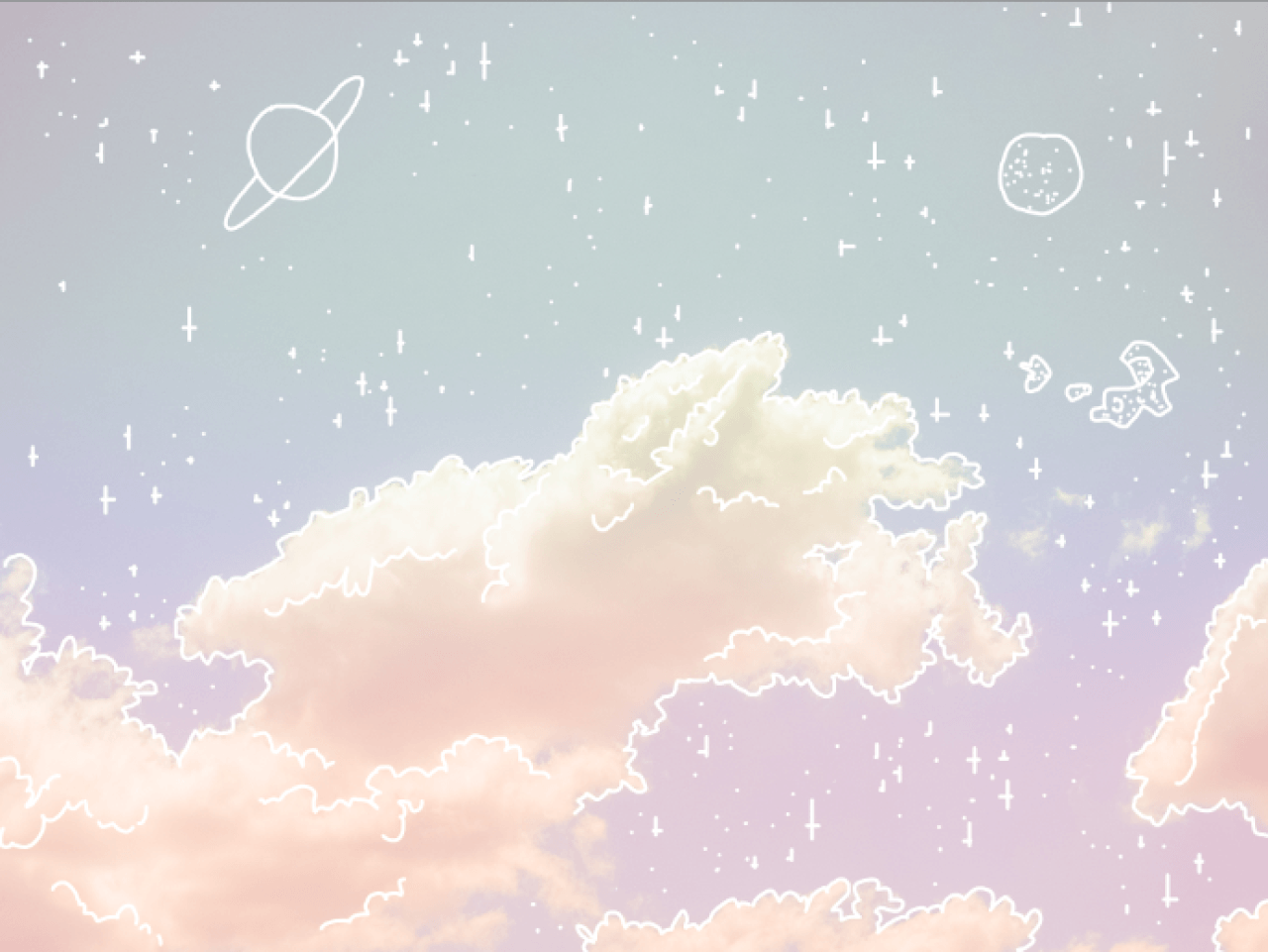 Wolken, Planet, Sterne, Lila Himmel, Doodles, HD, Hintergrundbild fürs Tablet