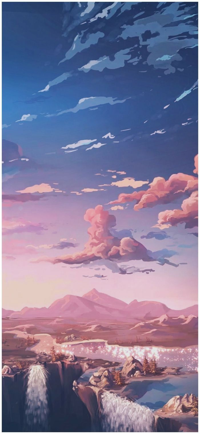 Gebirge, Rosa Wolken, Sonnenuntergang, Blauer Himmel, Illustration, Sperrbildschirm fürs iPhone