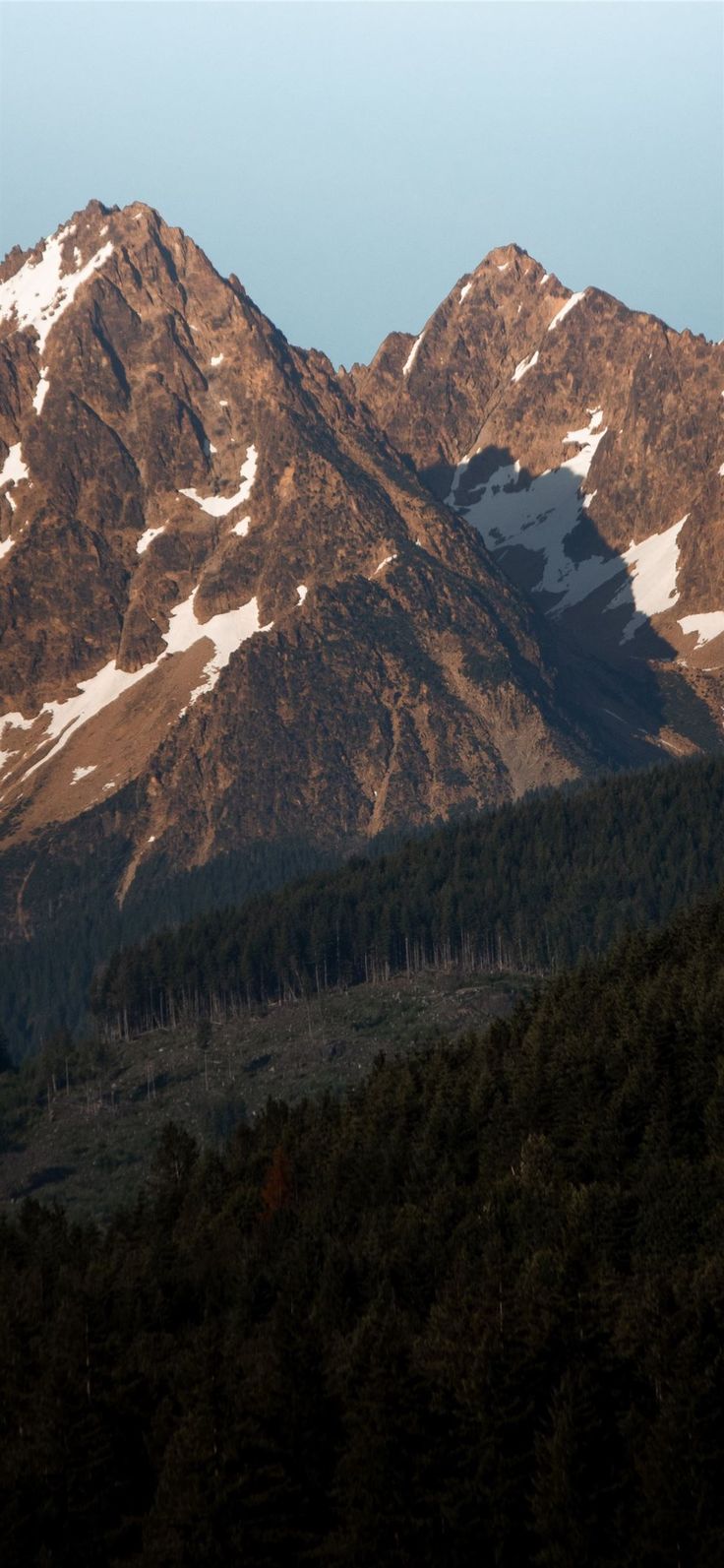 Felsgipfel, Alpenglühen, Wald, Schneereste, HD, Hintergrundbild fürs Handy