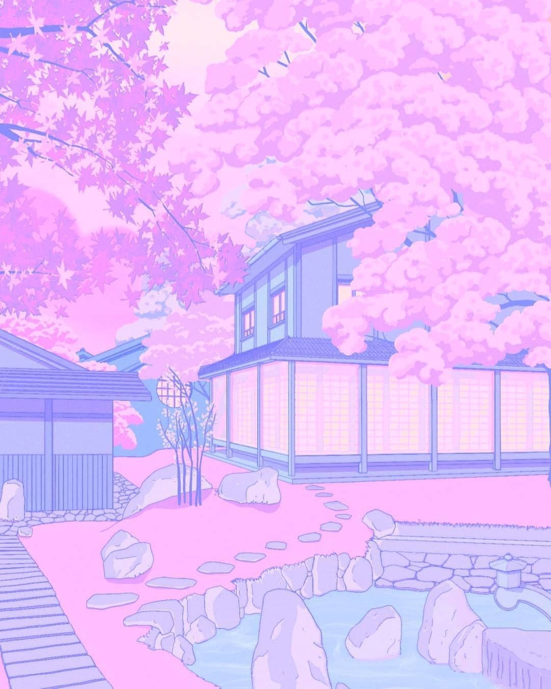 Anime-Stil, Haus, Kirschblüten, Lila Töne, Japan, Hintergrundbild für iPad und Tablet