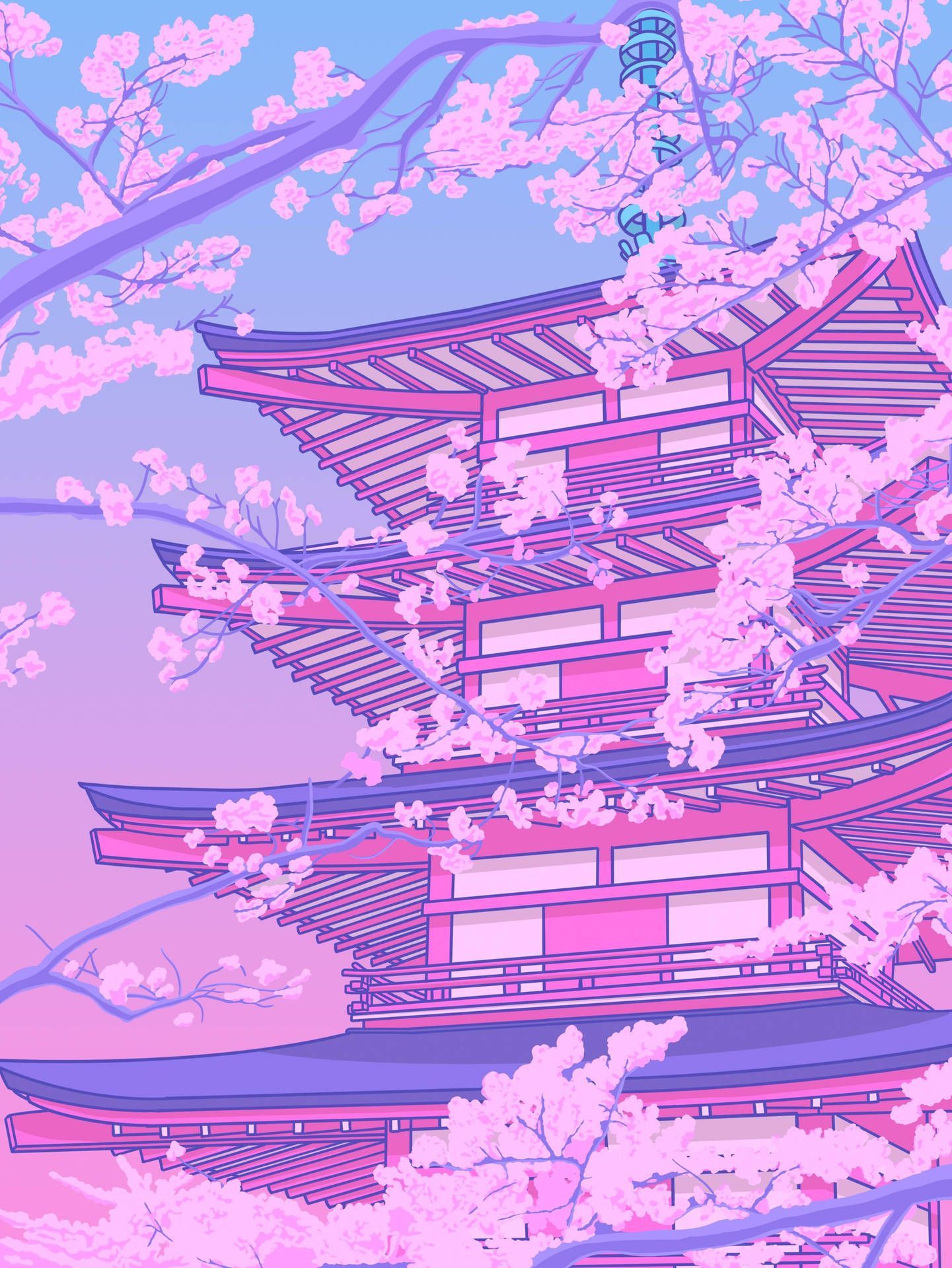 Pagode, Kirschblüten, Japan, Lila Rosa, Digitale Kunst, QHD+, Hintergrundbild fürs Tablet