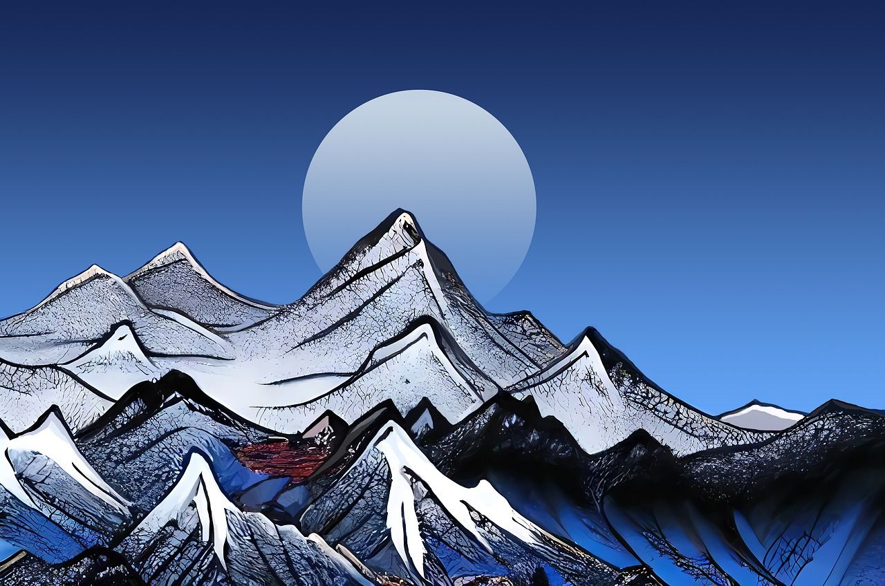 Illustration, Schneeberge, Vollmond, Blau-Weiß, Linienkunst, HD-Hintergrundbild für PC