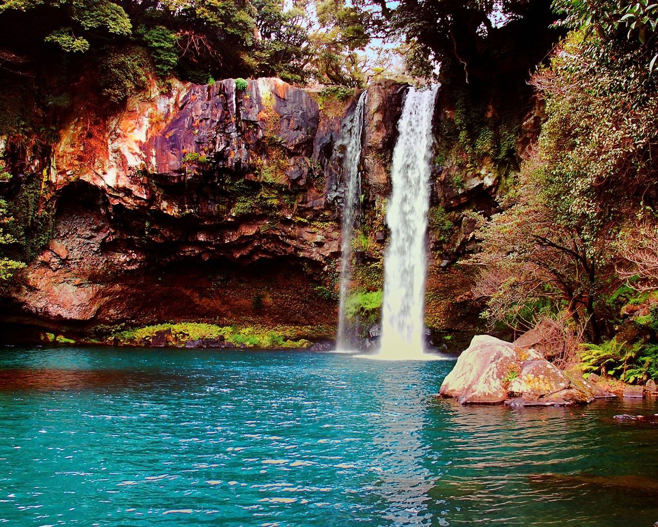 Wasserfall, Felswand, Türkisfarbenes Wasser, Lagune, Natur, HD-Hintergrundbild für PC