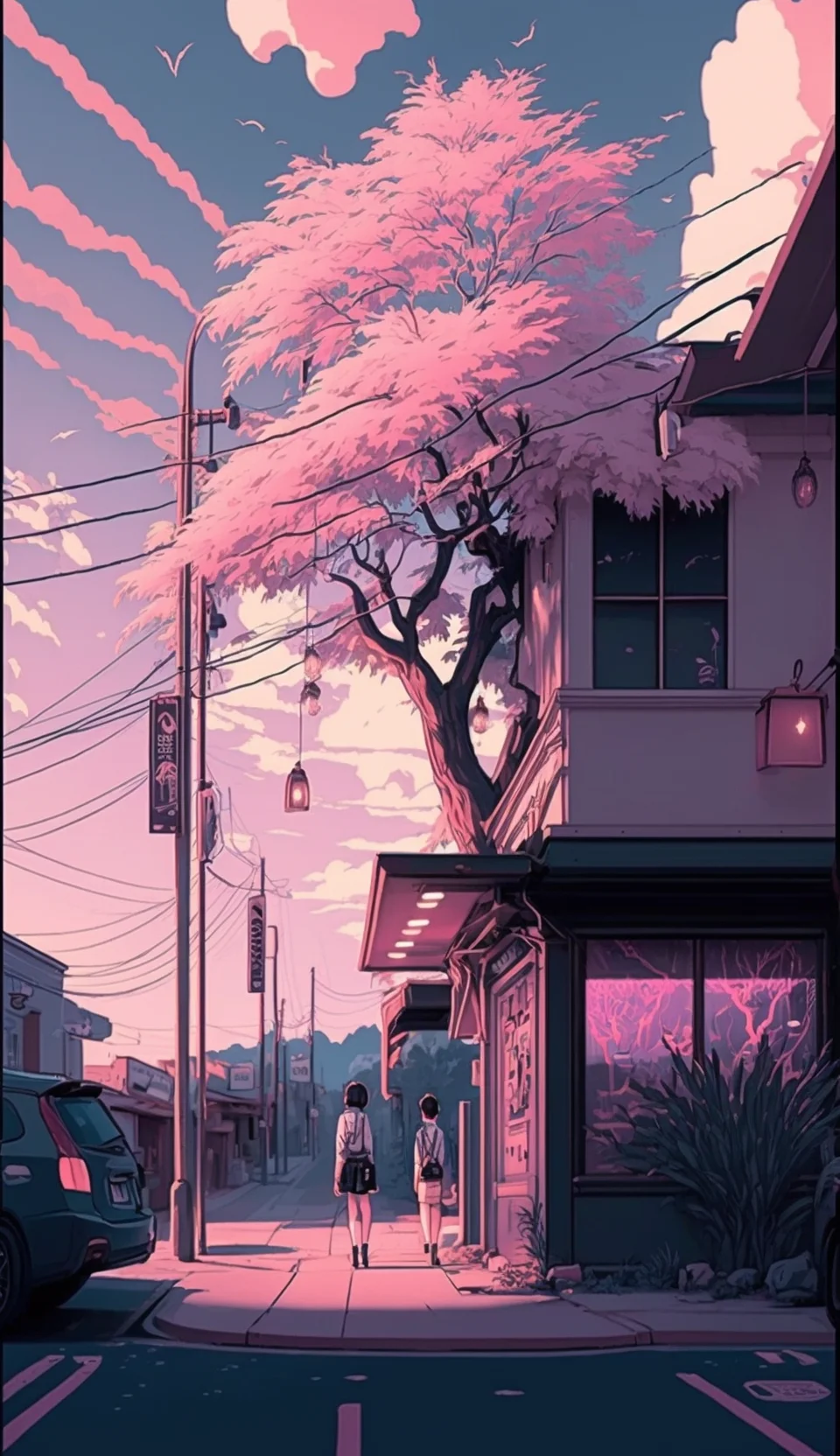 Anime-Stil, Straße, Kirschbaum, Rosa Töne, Abend, HD, Handy-Hintergrund im Hochformat