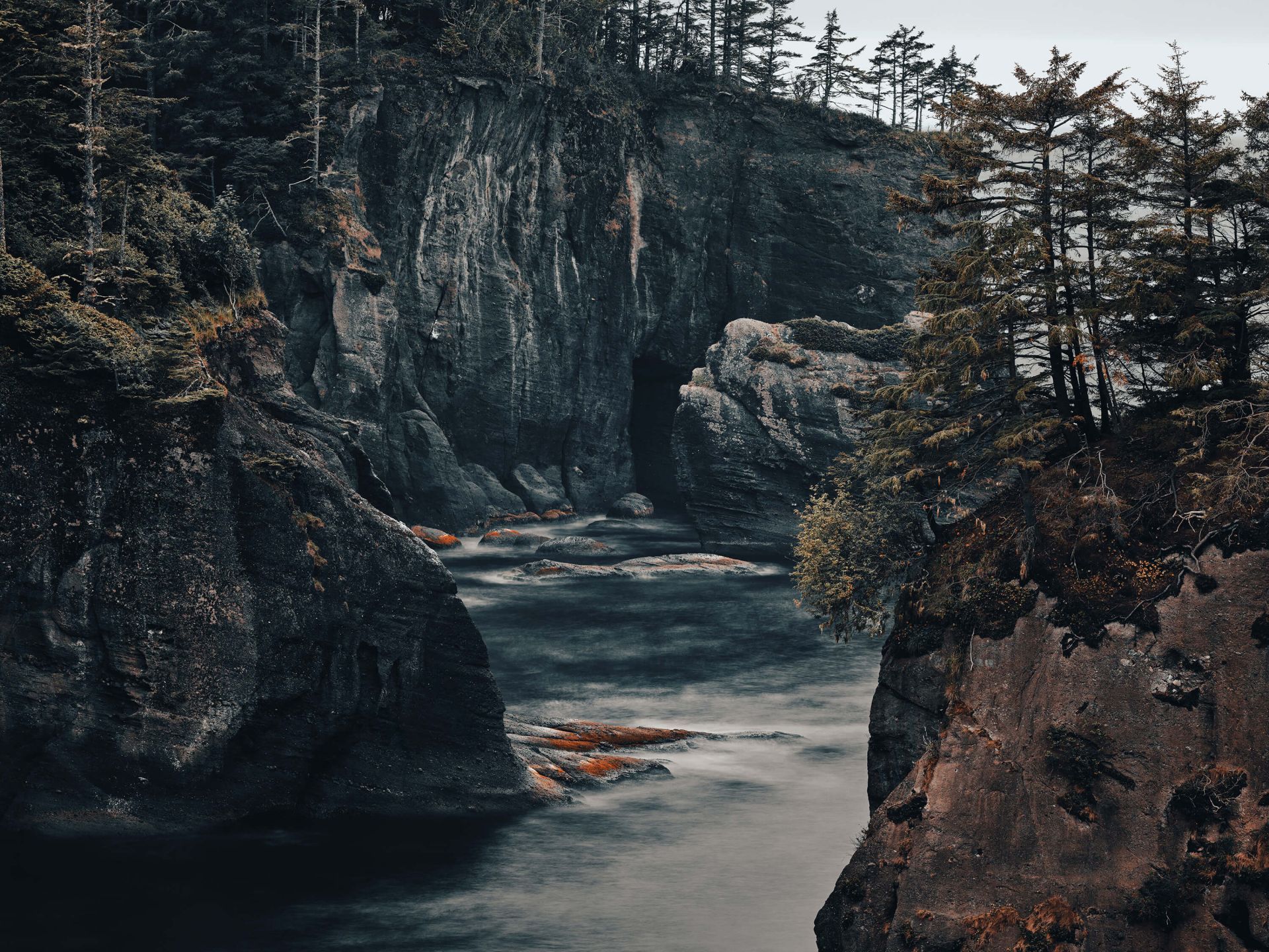 Felsschlucht, Fluss, Wald, Felswände, Dunkel, Full HD, Hintergrundbild fürs Tablet