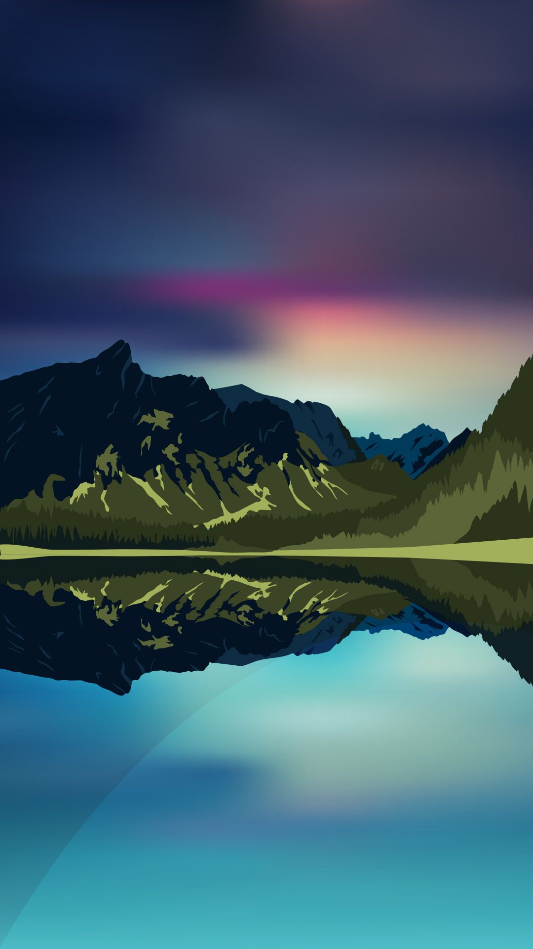 Bergsee, Spiegelung, Polarlicht, Farbverlauf, Digitale Kunst, Full HD, Handy-Hintergrundbild