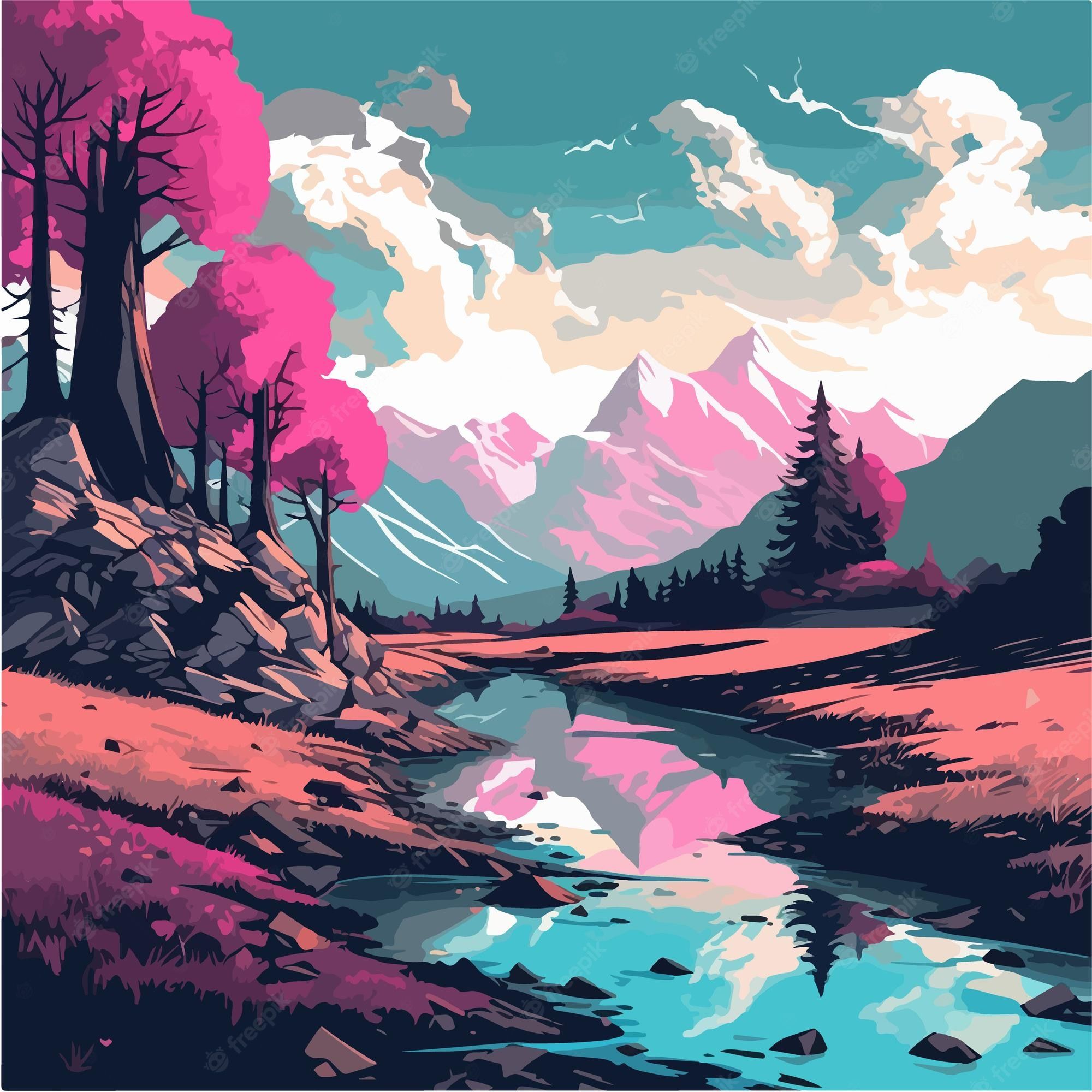 Illustration, Bergtal, Bach, Pinke Bäume, Türkis, Bunt, Full HD, Hintergrundbild fürs Tablet