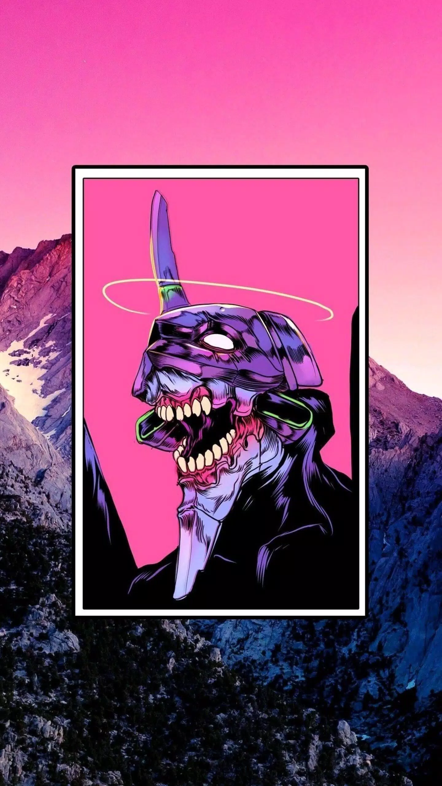 Neon Genesis Evangelion, EVA-01, Bilderrahmen, Pinker Himmel, Berge, Anime, QHD+, Handy-Hintergrundbild