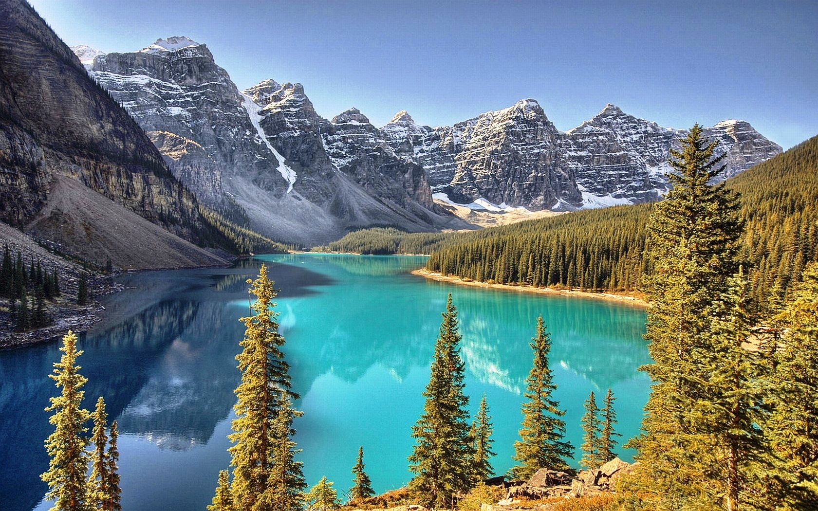 Moraine Lake, Banff-Nationalpark, Kanada, Bergsee, Türkisfarbenes Wasser, Tannen, HD-Hintergrundbild