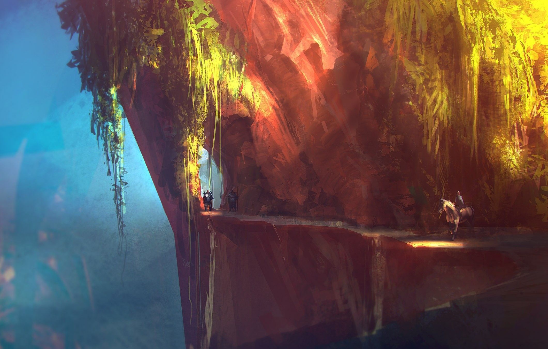 Felswand, Fantasy, Digitale Kunst, Reiter, Ranken, Full HD, Desktop-Hintergrund für Windows