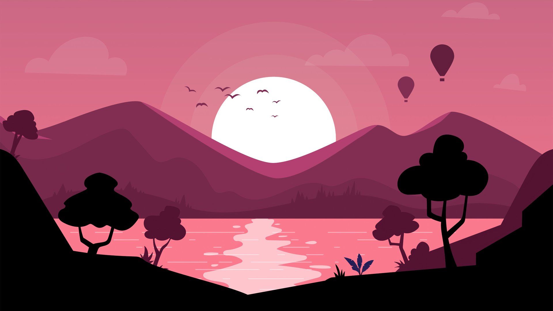 Illustration, Sonnenuntergang, Bergsee, Heißluftballons, Flat Design, Pink, Full-HD-Hintergrundbild für PC