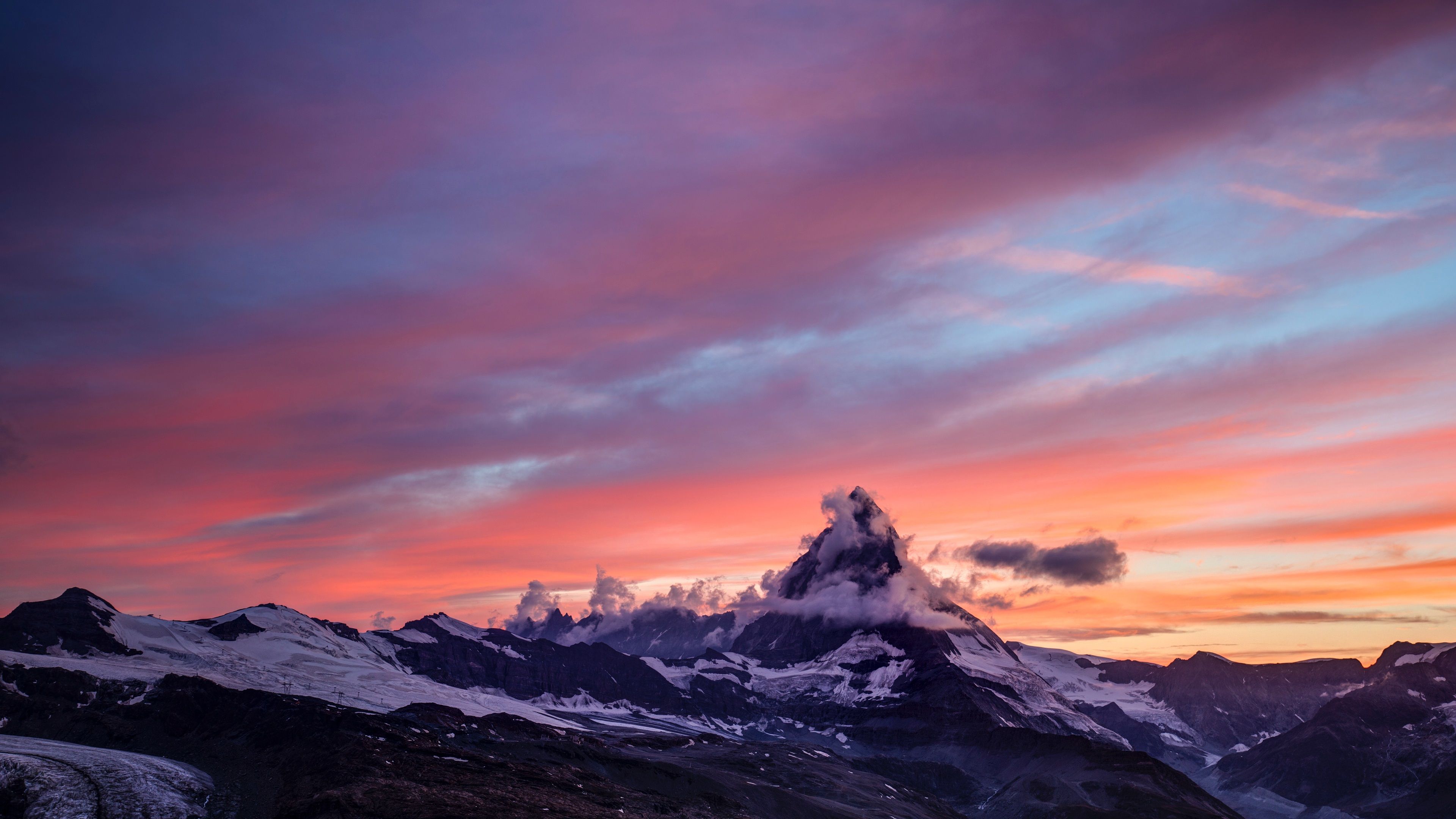 Matterhorn, Alpen, Schweiz, Sonnenuntergang, Bunter Himmel, Schneegipfel, 4K, Laptop-Hintergrundbild
