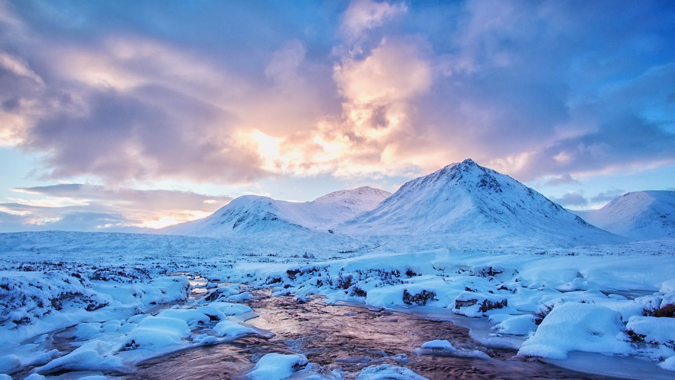 Buachaille Etive Mòr, Glencoe, Schottland, Winter, Schnee, Wolkenhimmel, HD, Desktop-Hintergrund