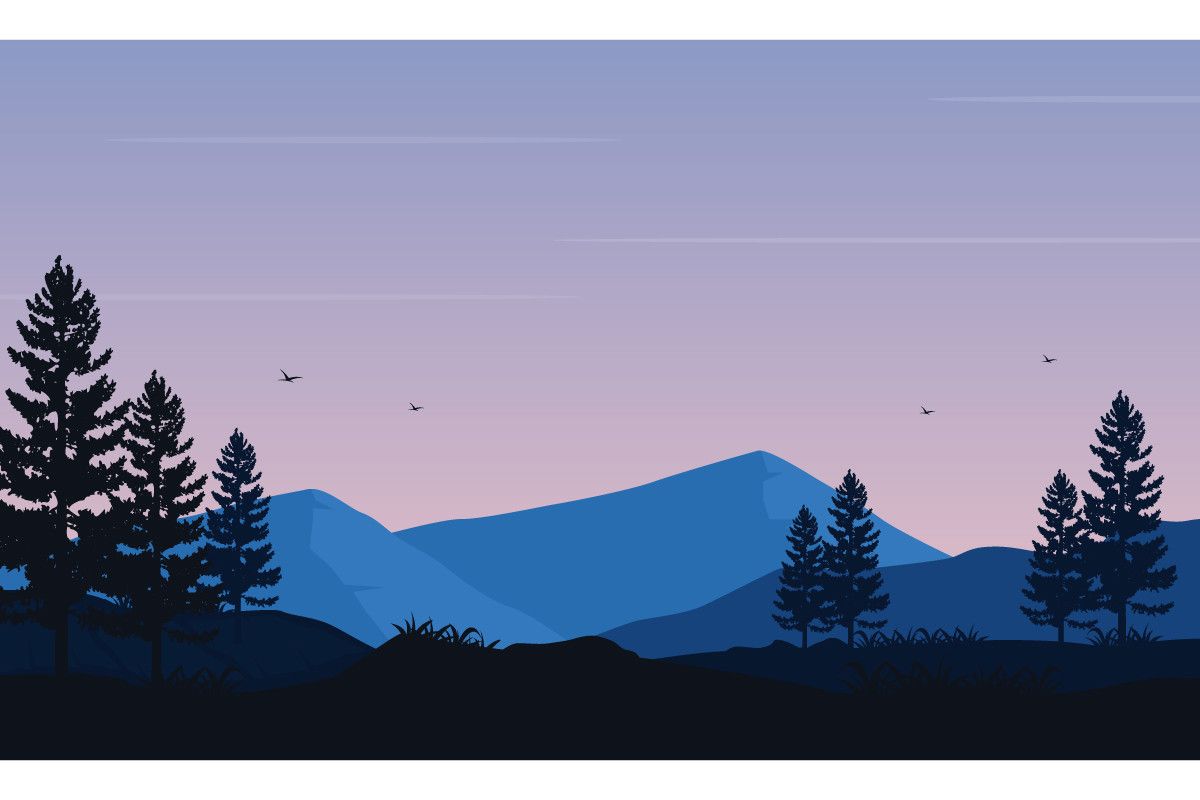 Illustration, Nadelbäume, Berg-Silhouetten, Lila Himmel, Flat Design, Hintergrundbild