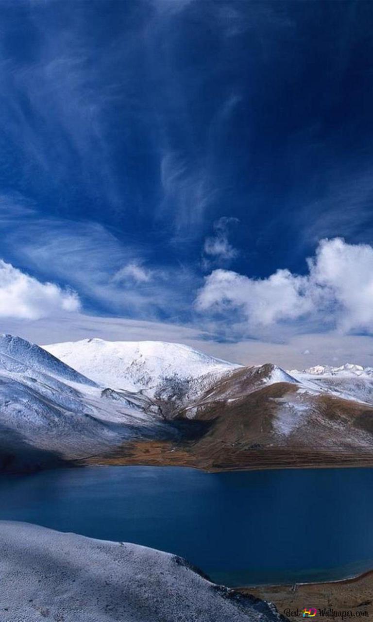 Bergsee, Schneegipfel, Dramatische Wolken, Dunkelblau, Hintergrundbild für iPhone und Android