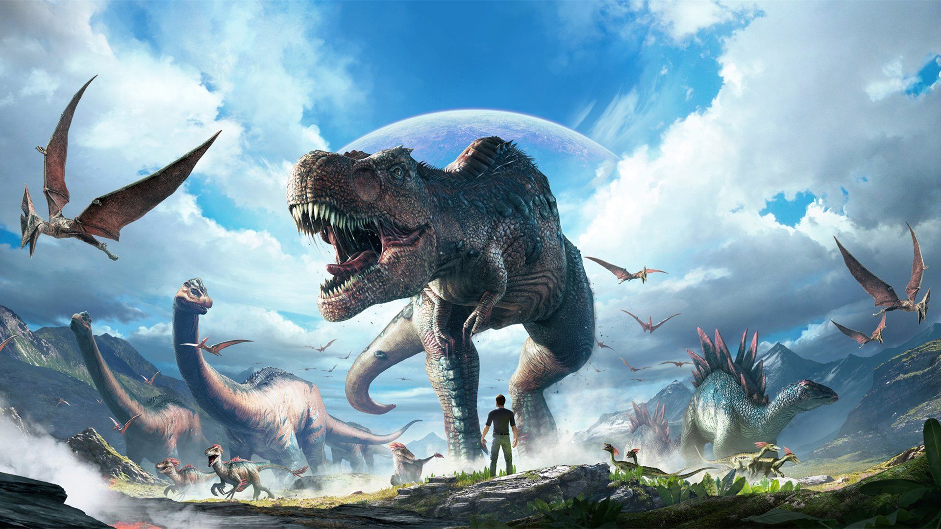 ARK: Survival Evolved, Tyrannosaurus Rex, Pteranodon, Brontosaurus, Überlebender, Himmel, 1080p-Hintergrundbild