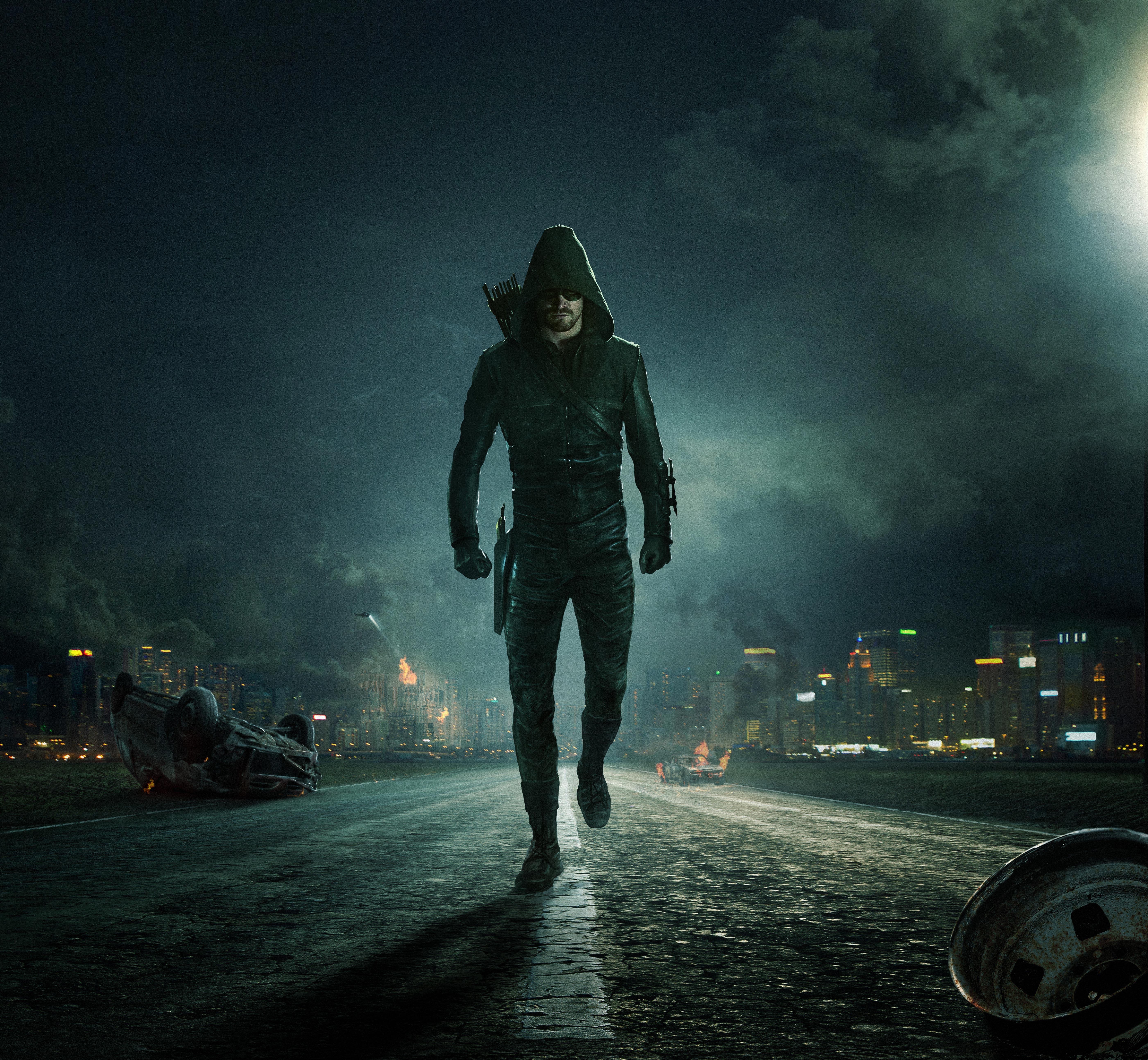 Green Arrow, Arrow, Nacht, Stadt, Silhouette, 5K, iPad-Hintergrundbild