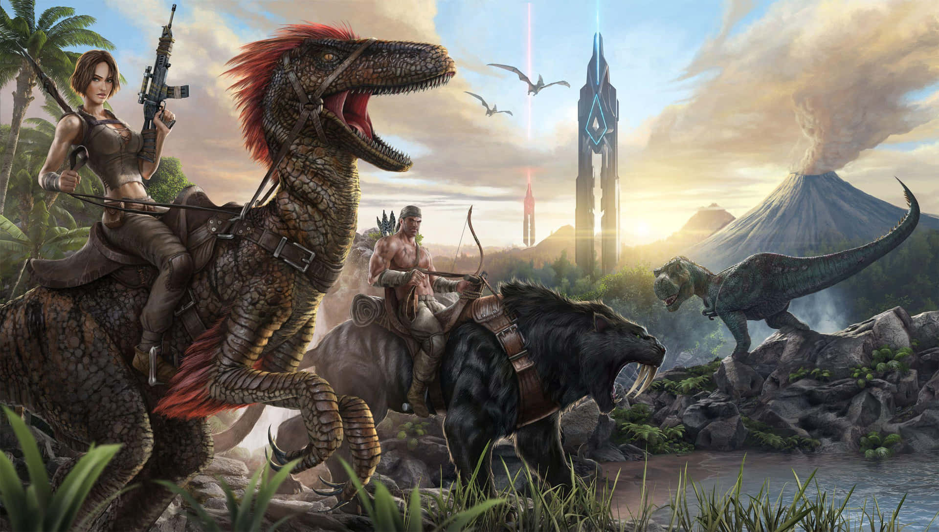 ARK: Survival Evolved, Raptor, Säbelzahntiger, Reiterin, Obelisk, Full HD, Laptop-Hintergrundbild