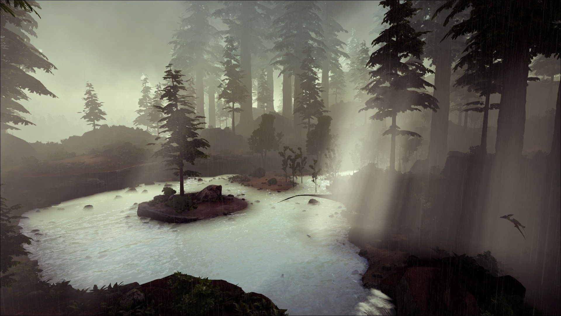 ARK: Survival Evolved, Nebel, Wald, Sumpf, Lichtstrahlen, Grau, 1920x1080, PC-Hintergrundbild
