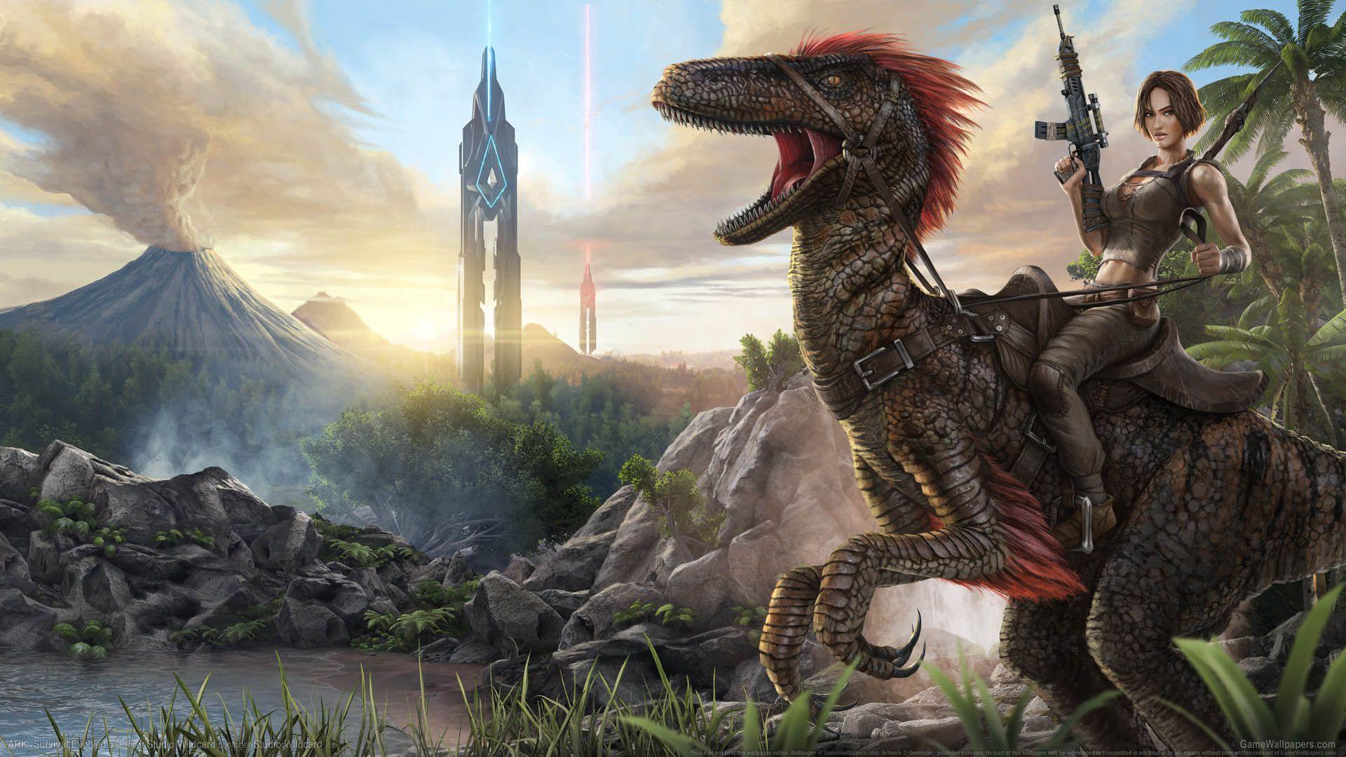 ARK: Survival Evolved, Raptor, Vulkan, Obelisk, Reiterin, Full HD, Desktop-Hintergrund