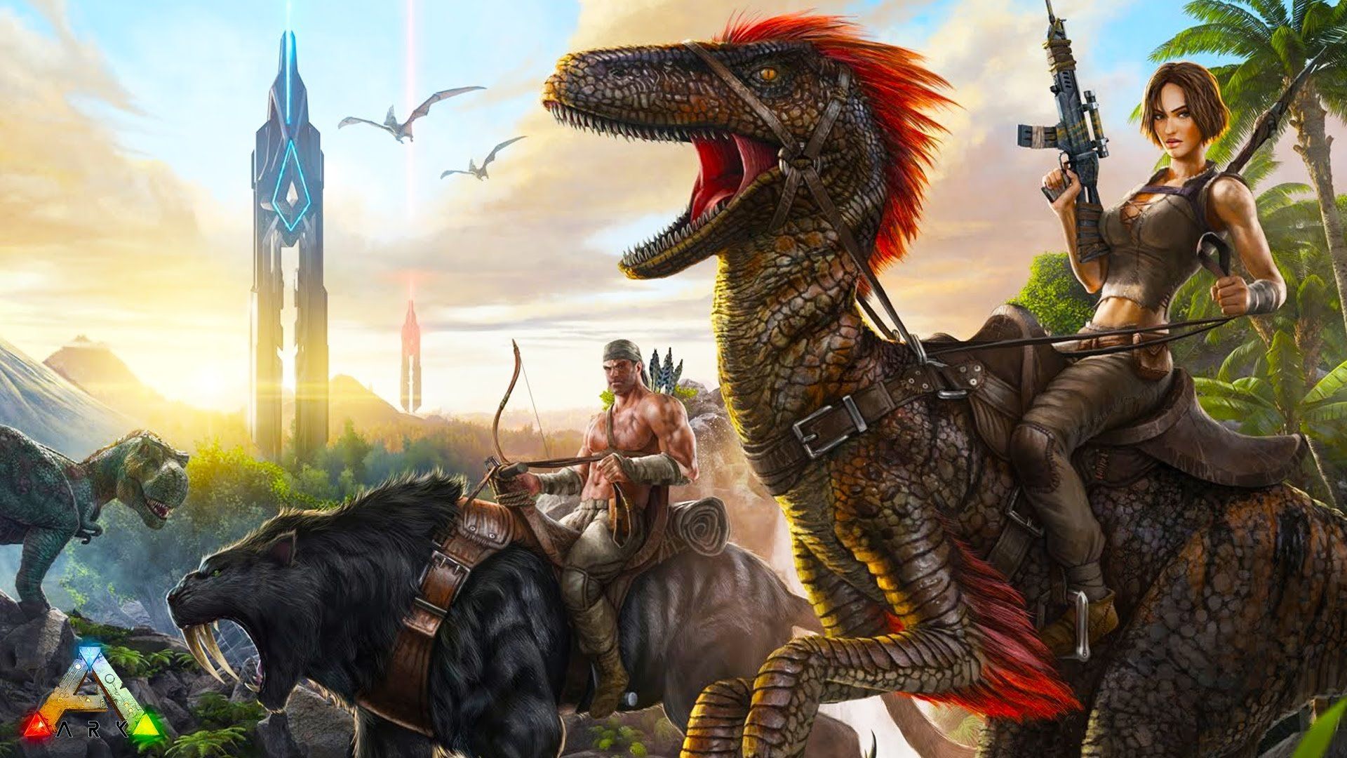 ARK: Survival Evolved, Raptor, Säbelzahntiger, Obelisk, Pteranodon, Reiterin, 1080p Wallpaper