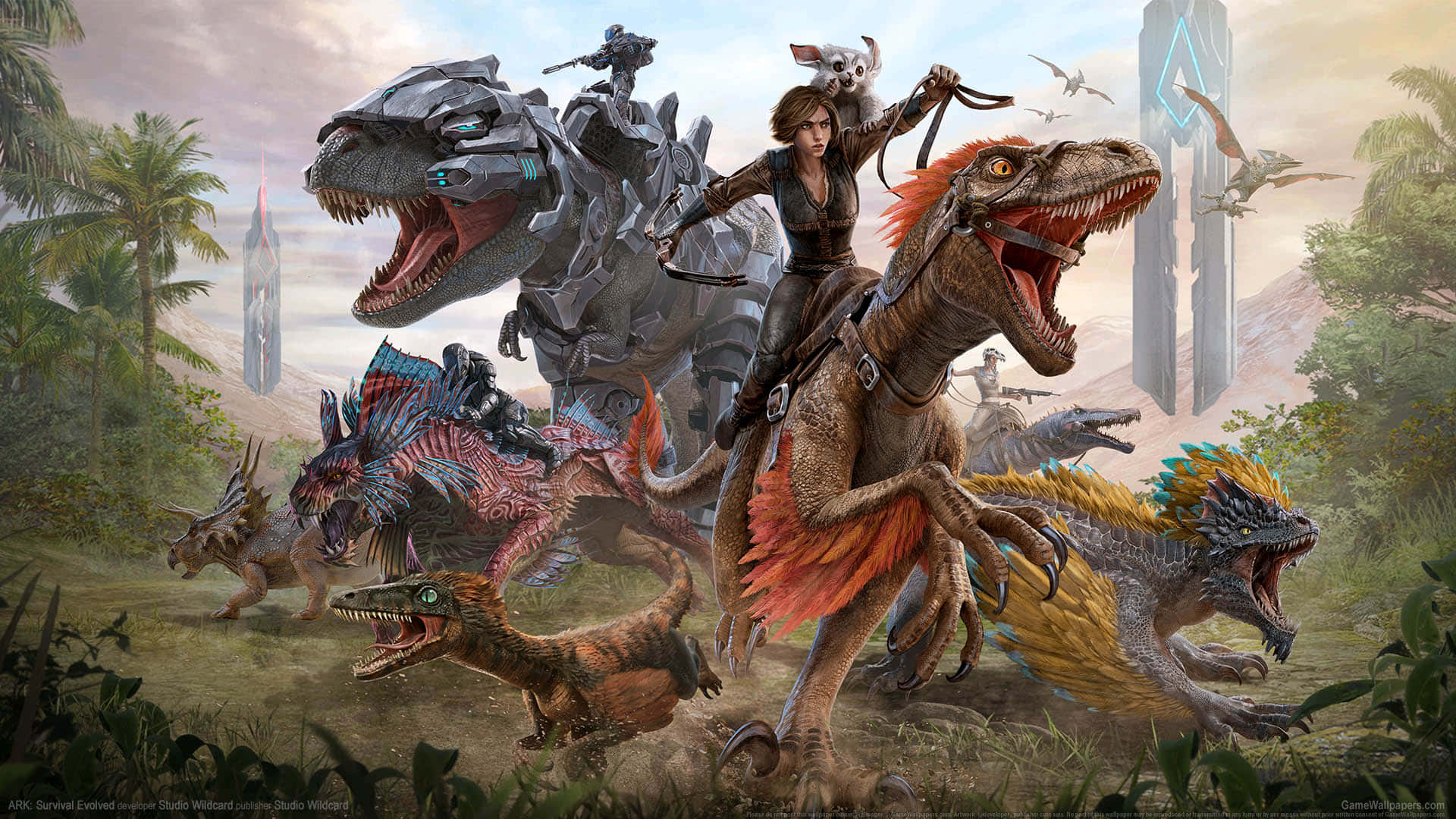 ARK: Survival Evolved, Tyrannosaurus, Raptor, Dinosaurierherde, Reiterin, Key Art, 1080p-Hintergrundbild