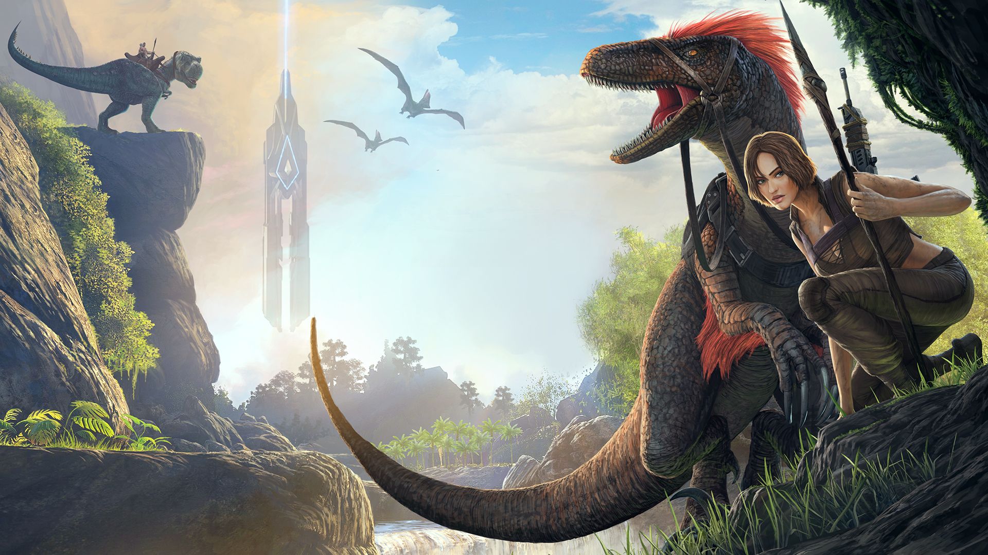 ARK: Survival Evolved, Raptor, Überlebende, Obelisk, Klippe, Pteranodon, Full HD, Windows-Hintergrundbild