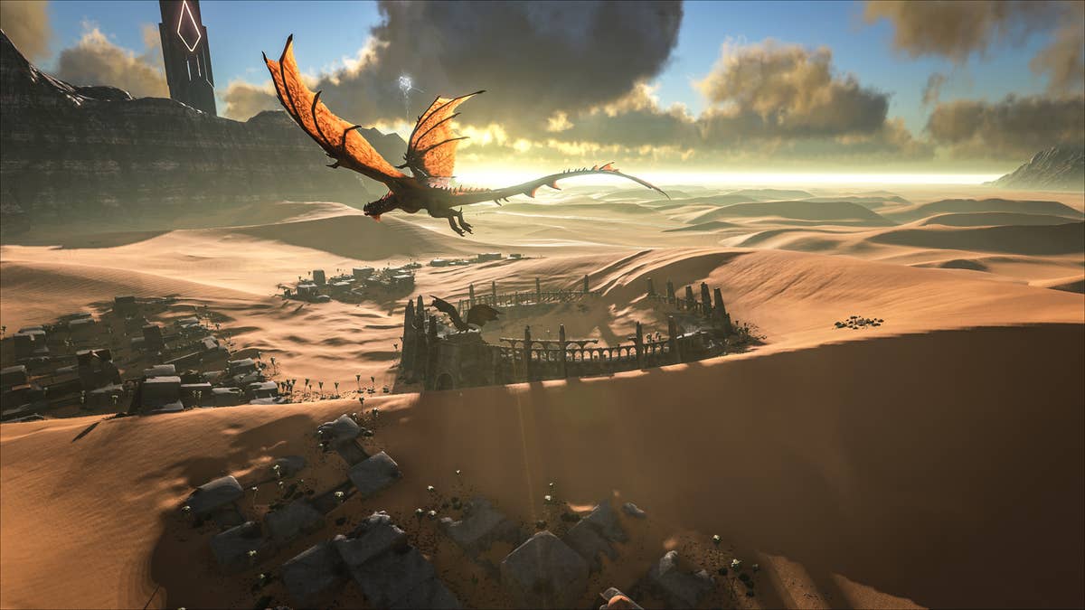ARK: Scorched Earth, Wyvern, Wüste, Sonnenuntergang, Basis, Hintergrundbild