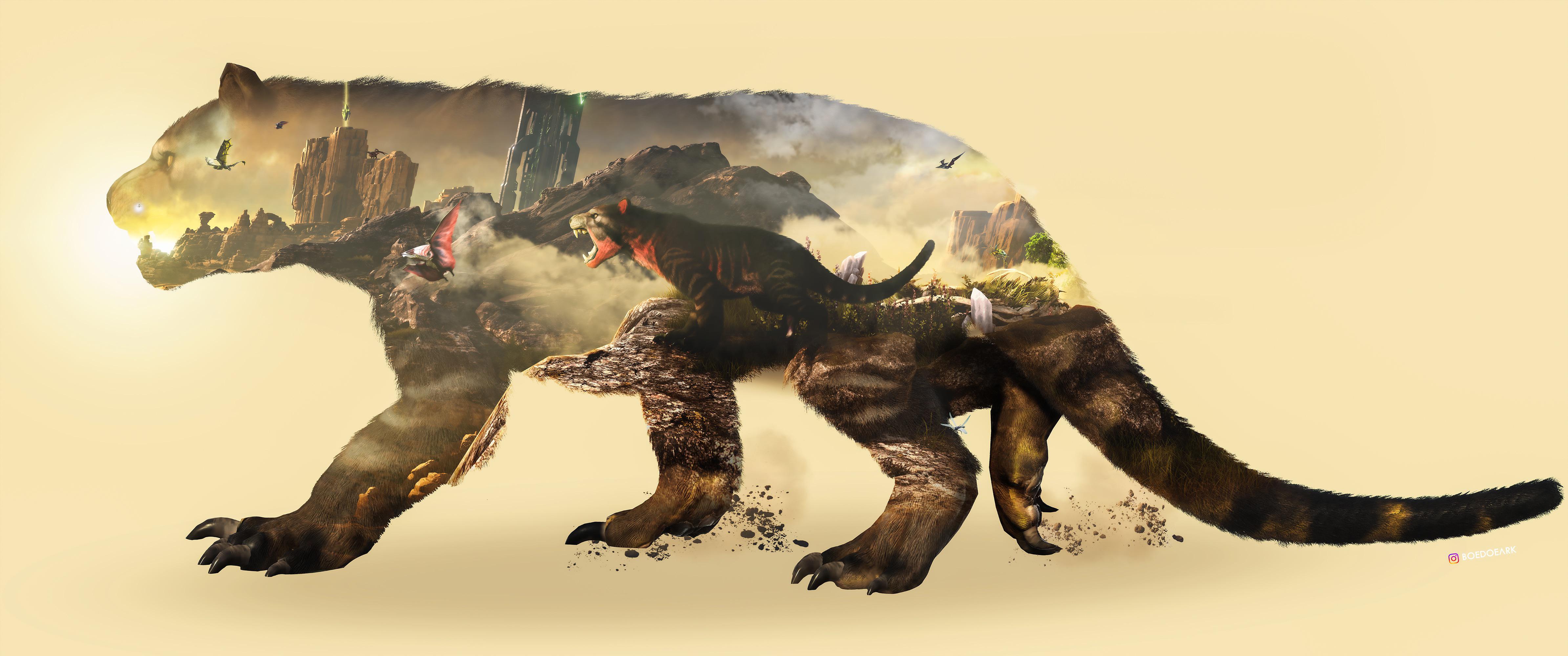 ARK: Survival Evolved, Thylacoleo, Doppelbelichtung, Beutellöwe, Beige, 4K-Hintergrundbild für PC