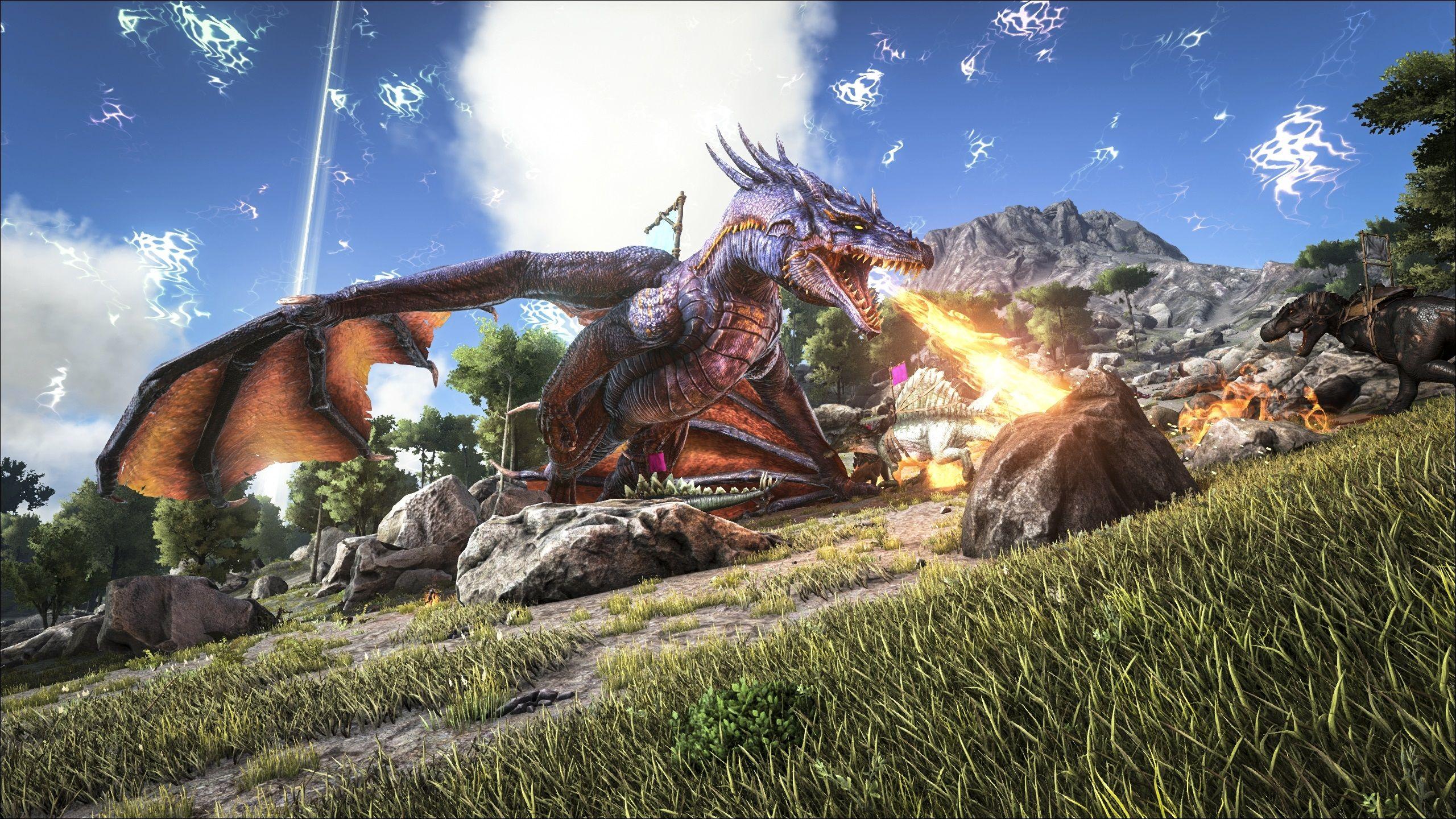 ARK: Survival Evolved, Wyvern, Feueratem, Spielszene, Gras, 2560x1440, Desktop-Hintergrund