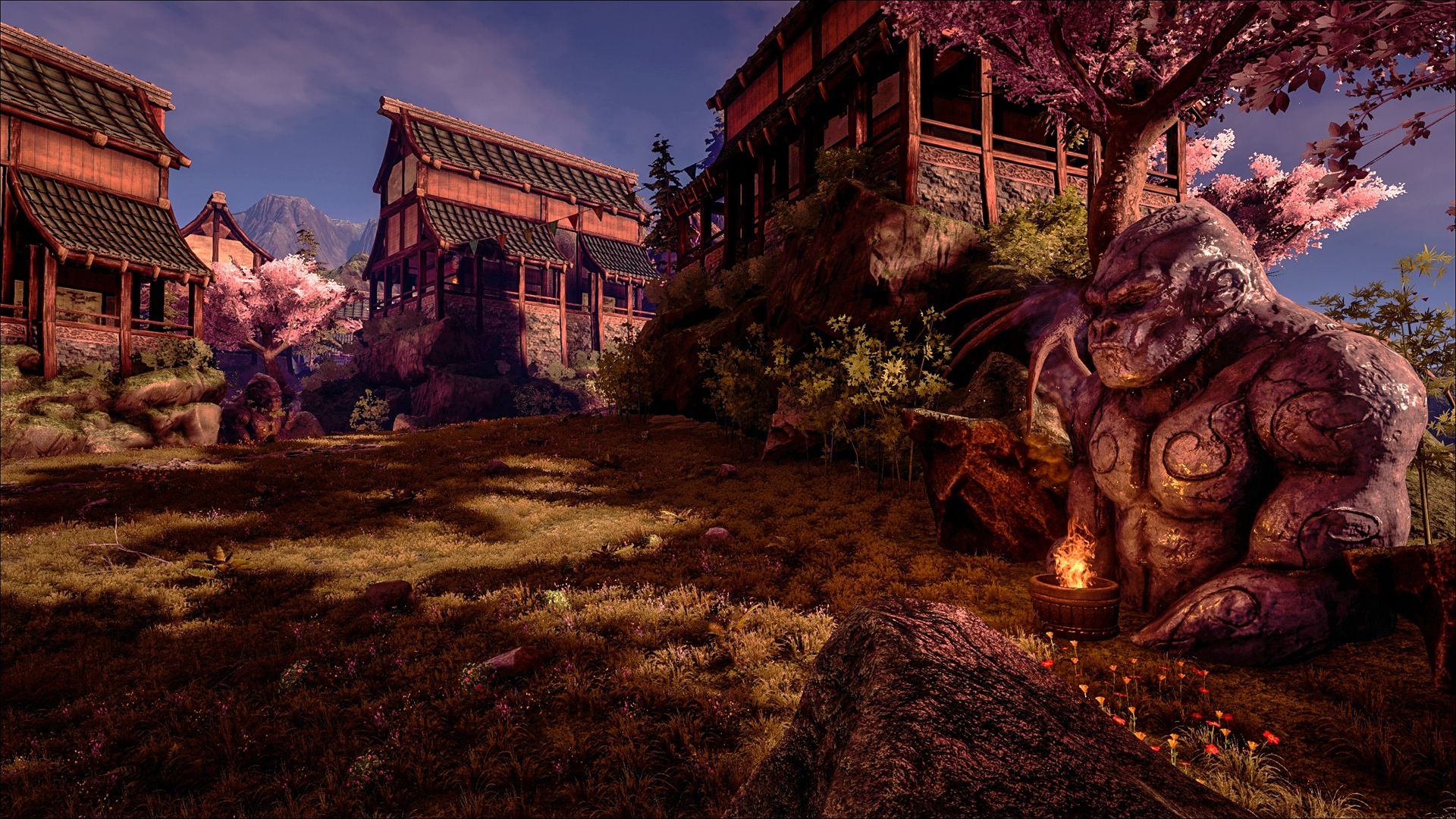 ARK: Survival Evolved, Holzhäuser, Rote Bäume, Felsen, Spielszene, Full HD, PC-Hintergrundbild