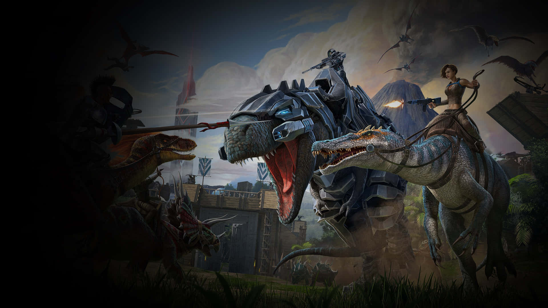ARK: Survival Evolved, Tyrannosaurus, Raptor, Dinosaurier-Reiter, Dunkel, 1920x1080, Desktop-Hintergrund