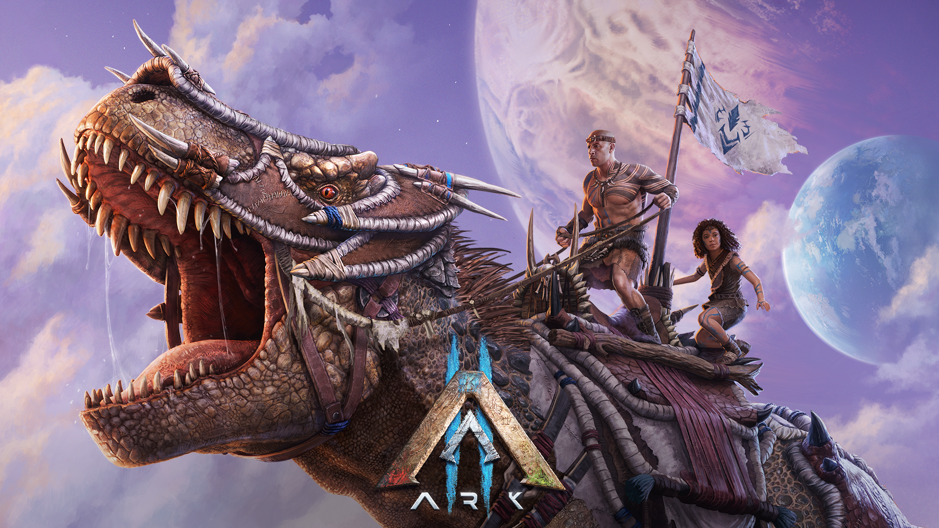 ARK, Tyrannosaurus Rex, Reiter, Fahne, Planeten, Logo, 16:9, Full-HD-Hintergrundbild für den Desktop