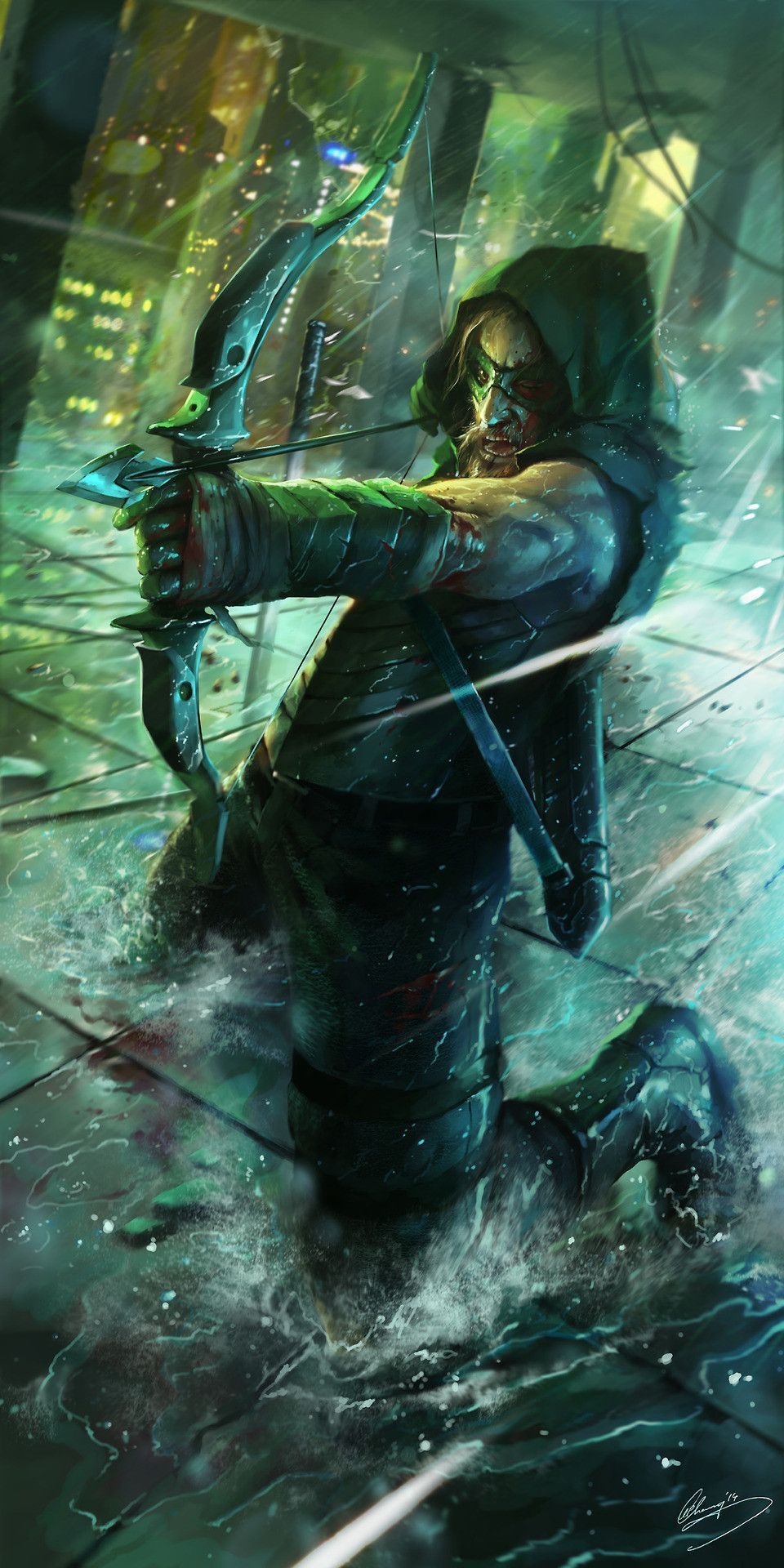 Green Arrow, Digitale Malerei, Bogen, Comic-Stil, Regen, HD, Handy-Hintergrundbild