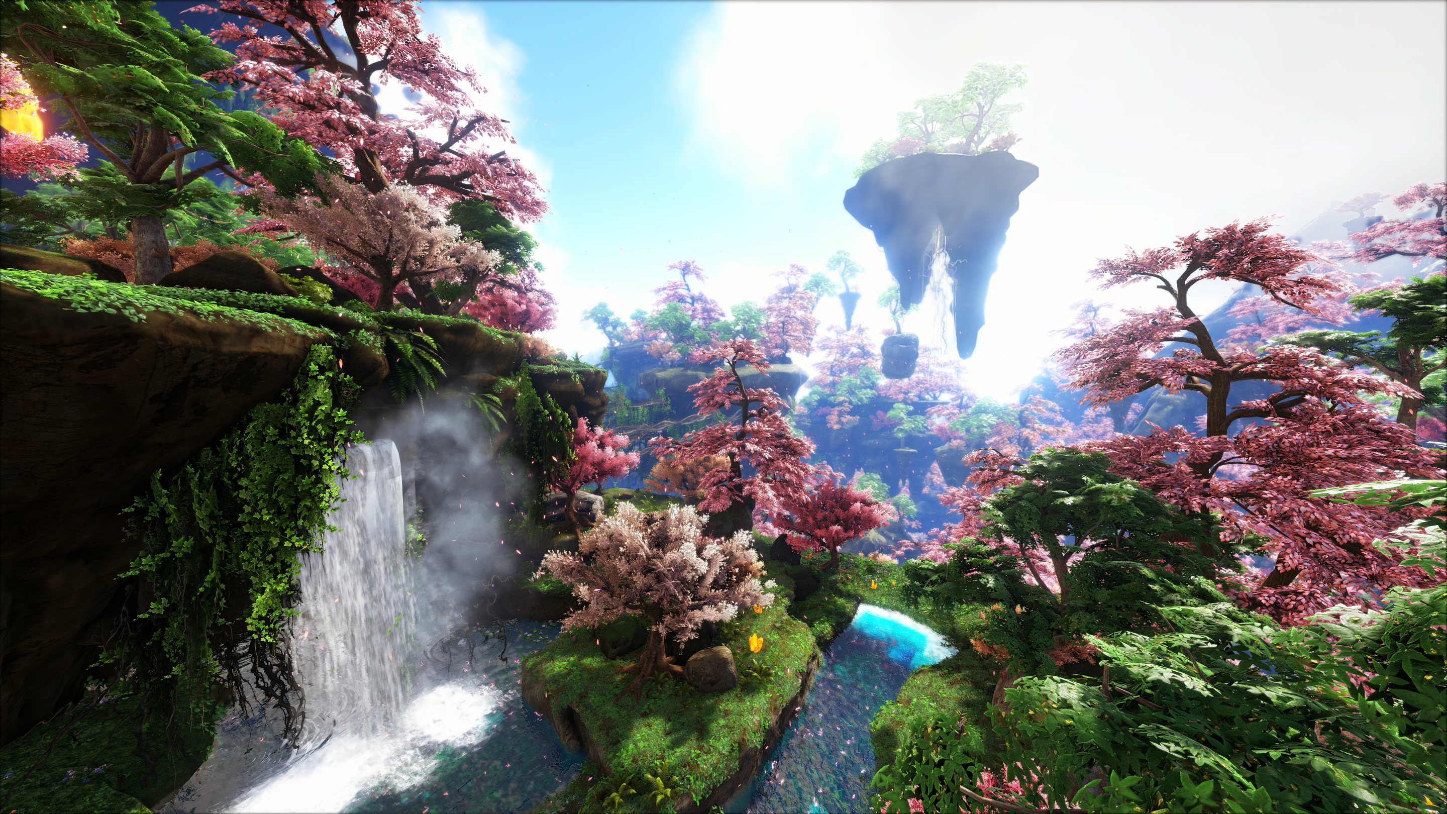 ARK: Survival Evolved, Wasserfall, Schwebende Insel, Kirschbäume, Fantasy-Landschaft, 2K-PC-Hintergrundbild