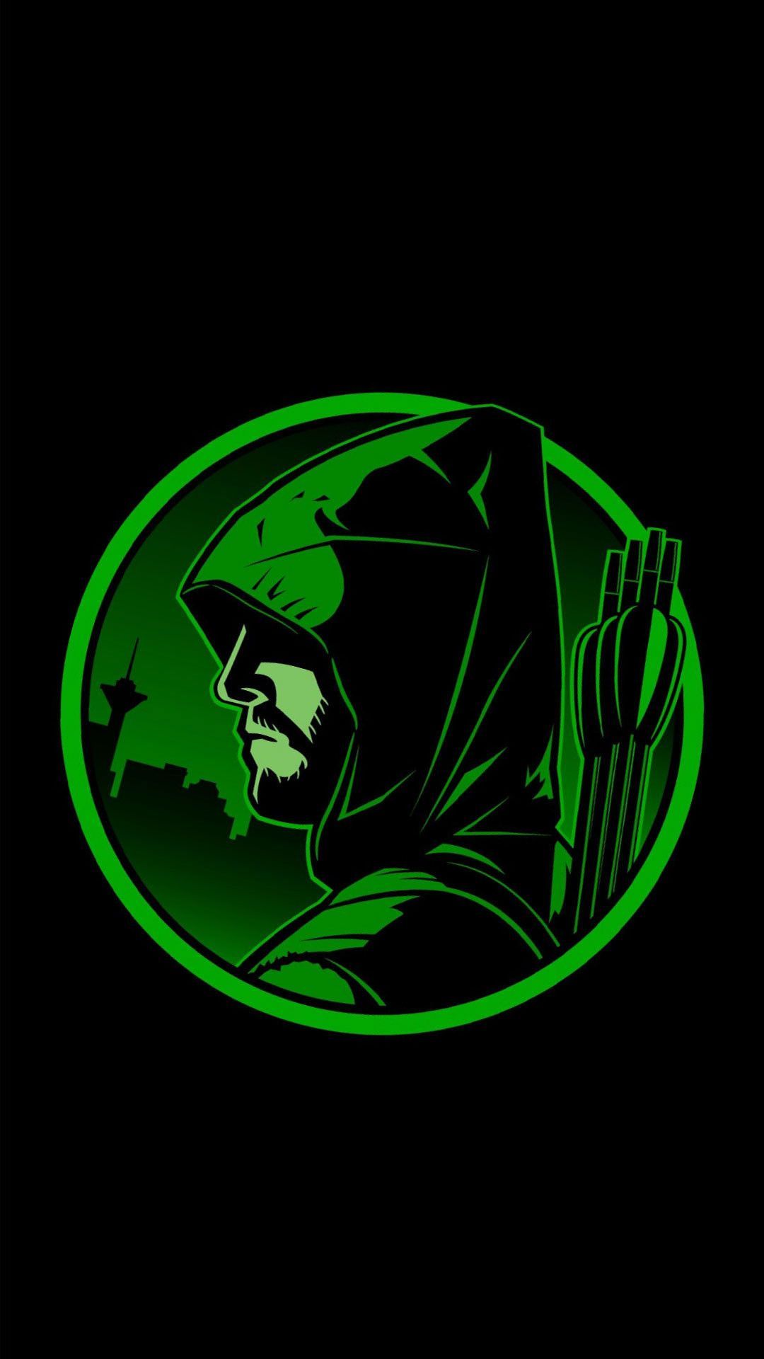 Green Arrow, Kapuze, Kreis-Emblem, Neongrün, Schwarzer Hintergrund, Sperrbildschirm fürs iPhone