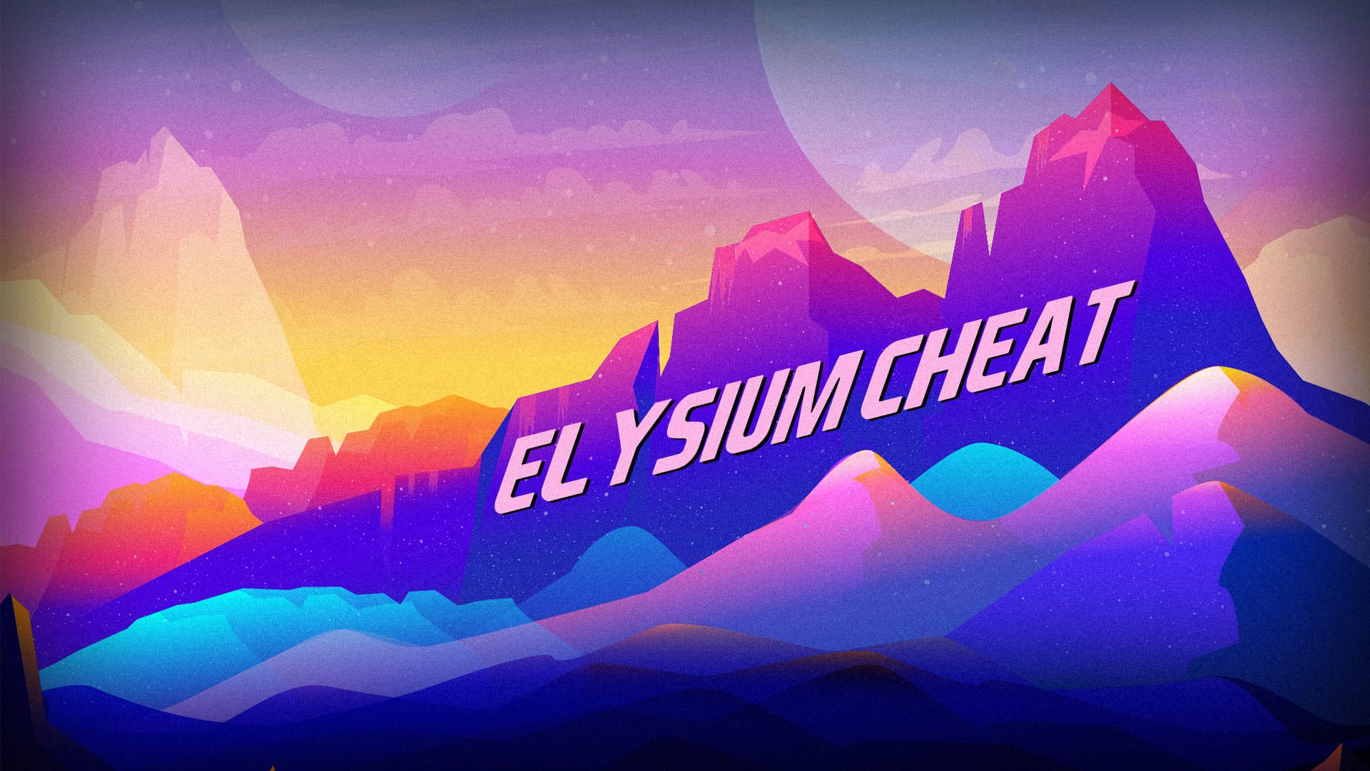 Elysium Cheat, Schriftzug, Berge, Neonfarben, Lila, Full HD 1080p, Desktop-Hintergrundbild