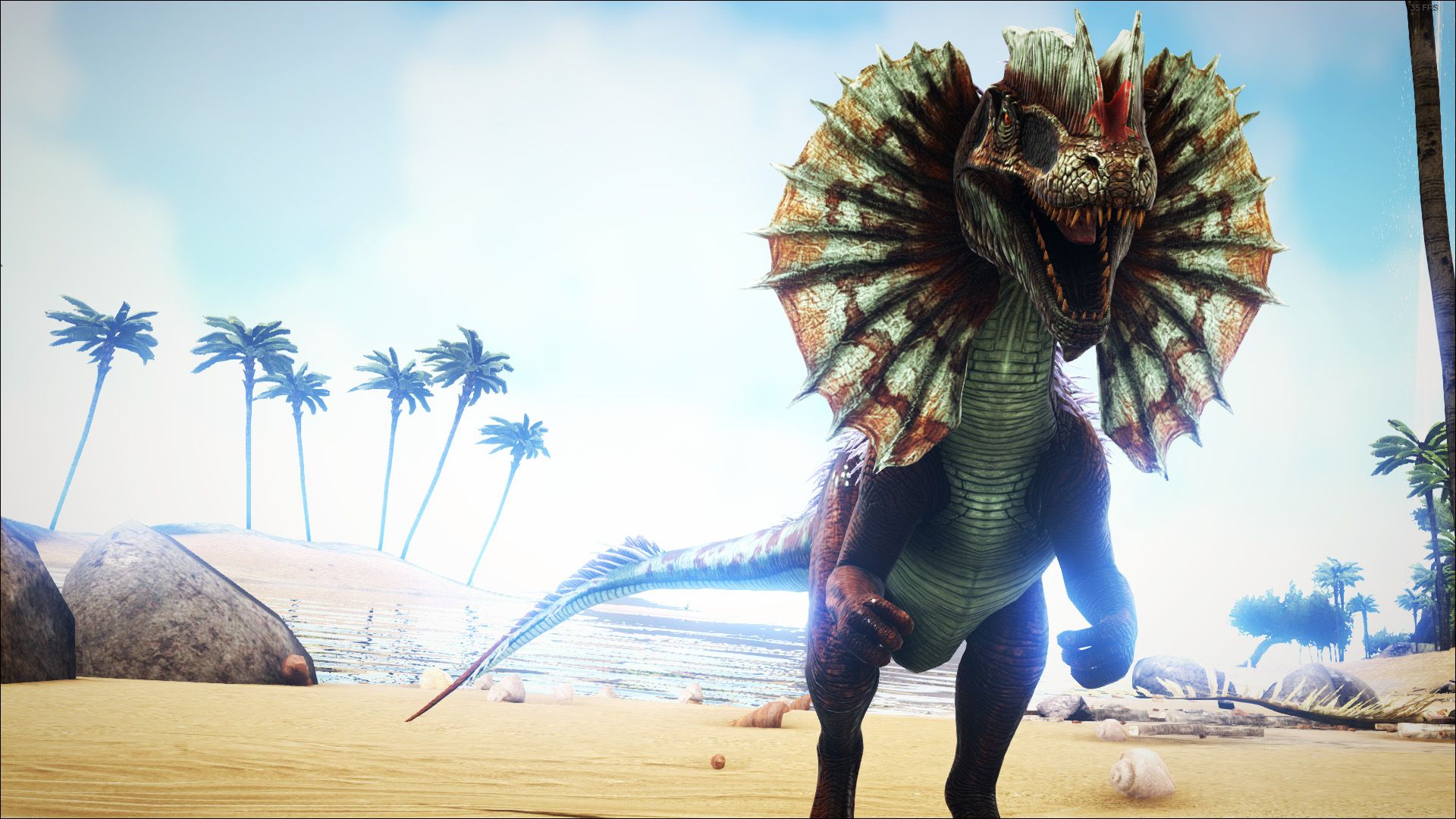 ARK: Survival Evolved, Dilophosaurus, Halskrause, Strand, Palmen, Full HD, Laptop-Hintergrundbild