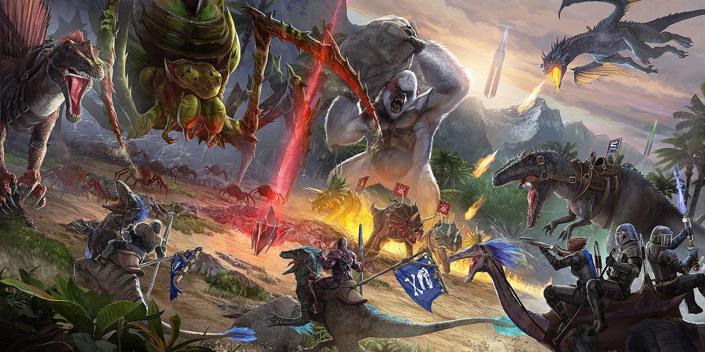 ARK: Survival Evolved, Schlacht, Dinosaurier, Laser, Comic-Stil, HD-Hintergrundbild für PC
