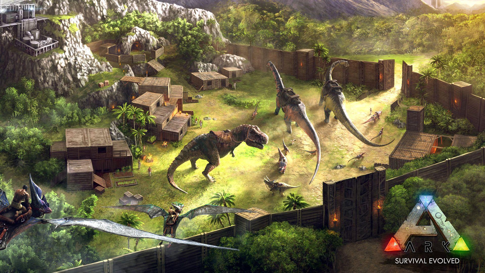 ARK: Survival Evolved, Logo, Brontosaurus, Tyrannosaurus, Basis, Luftaufnahme, Full-HD-Hintergrund