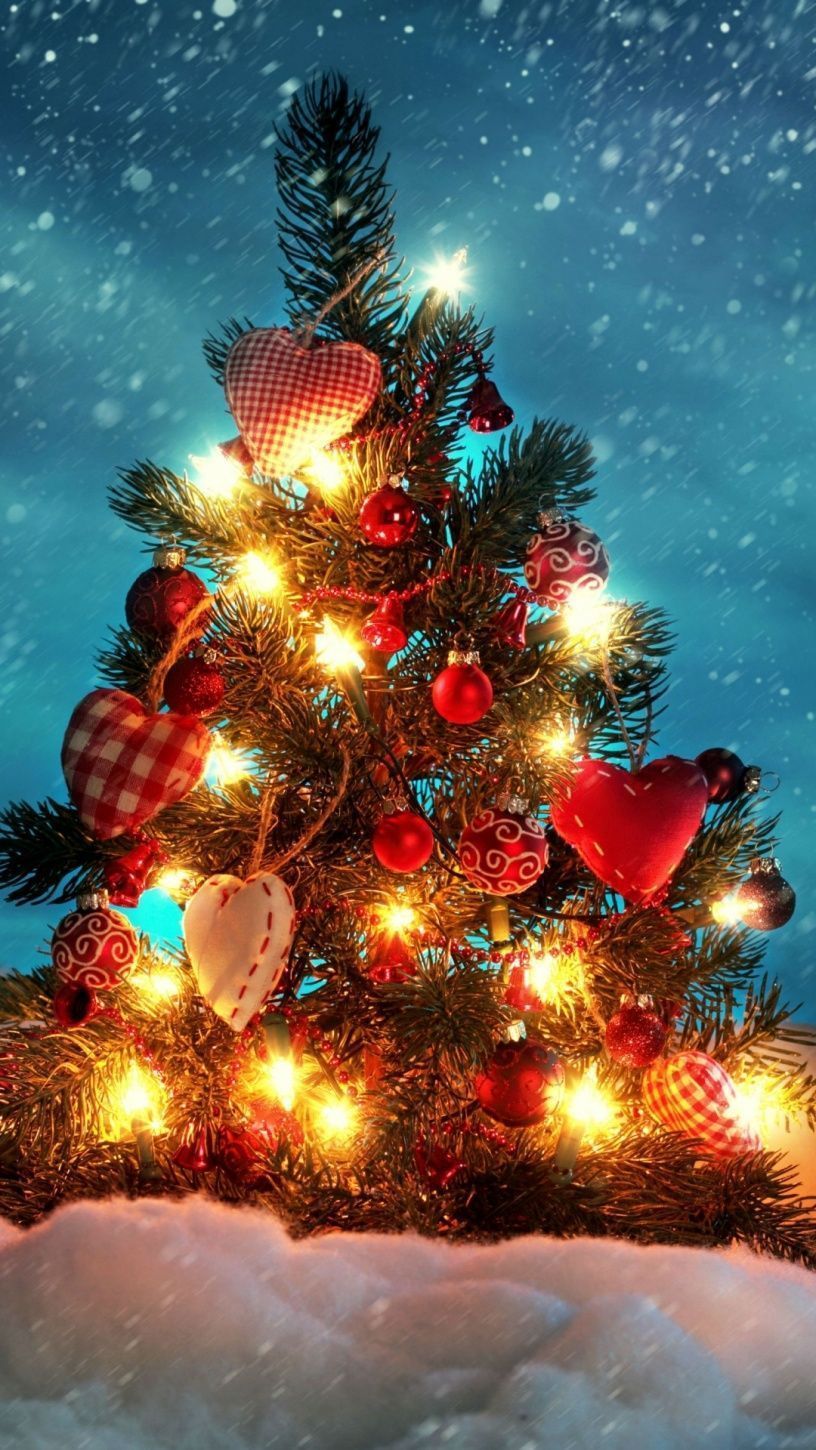 Weihnachtsbaum, Lichterkette, Schnee, Nacht, HD, Hintergrundbild fürs Handy