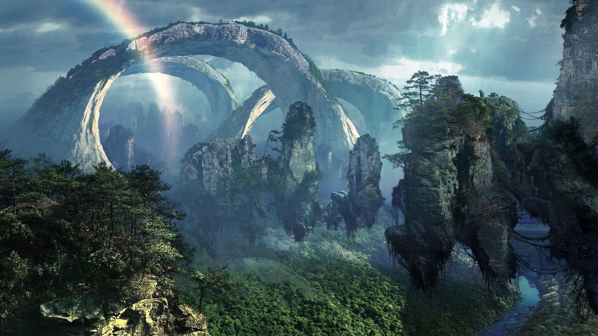 Pandora, Halleluja-Berge, Steinbögen, Regenbogen, Urwald, Full HD, Breitbild-Hintergrundbild