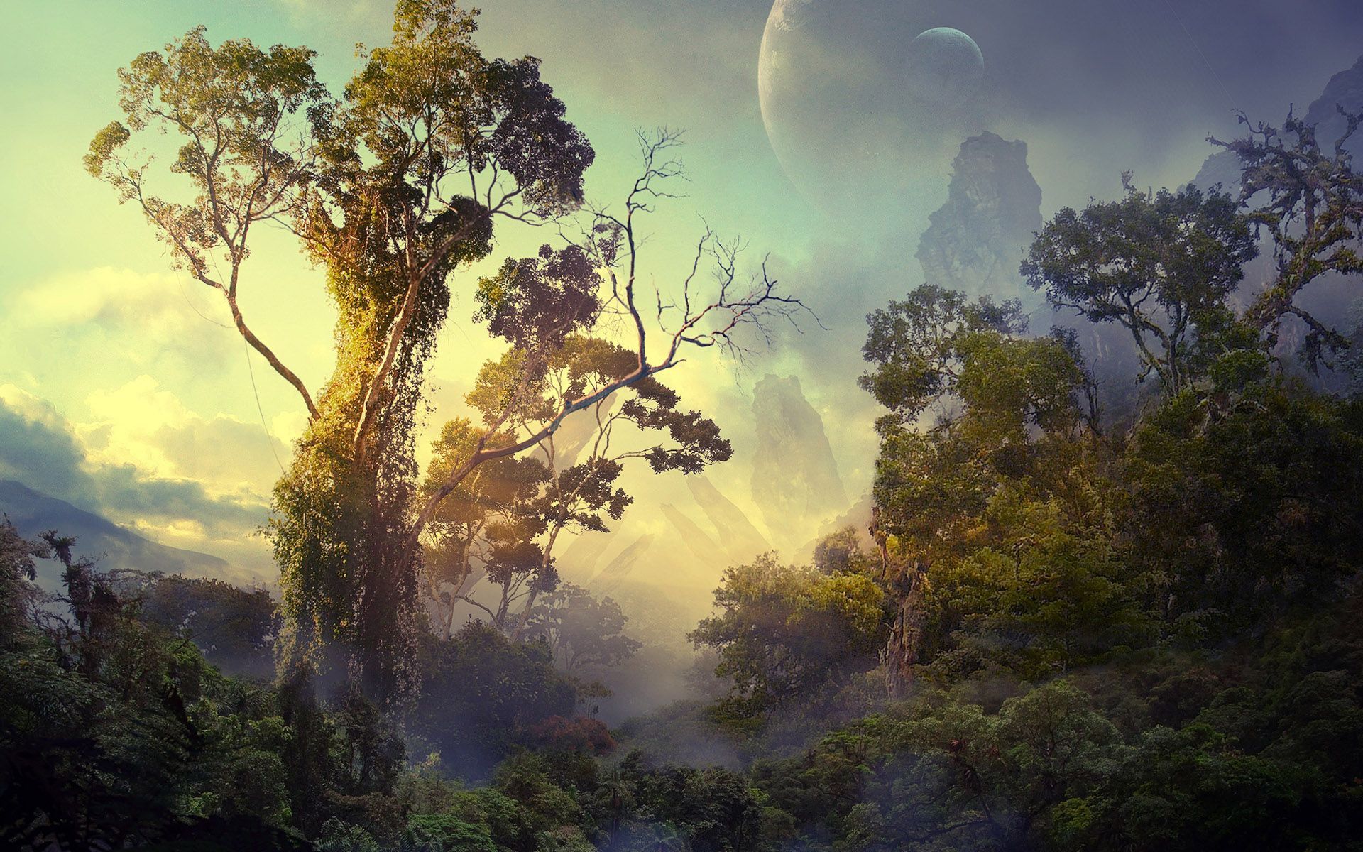 Pandora, Riesenbaum, Urwald, Mond, Fantasy-Landschaft, 16:10, Full-HD-Hintergrundbild für den Desktop