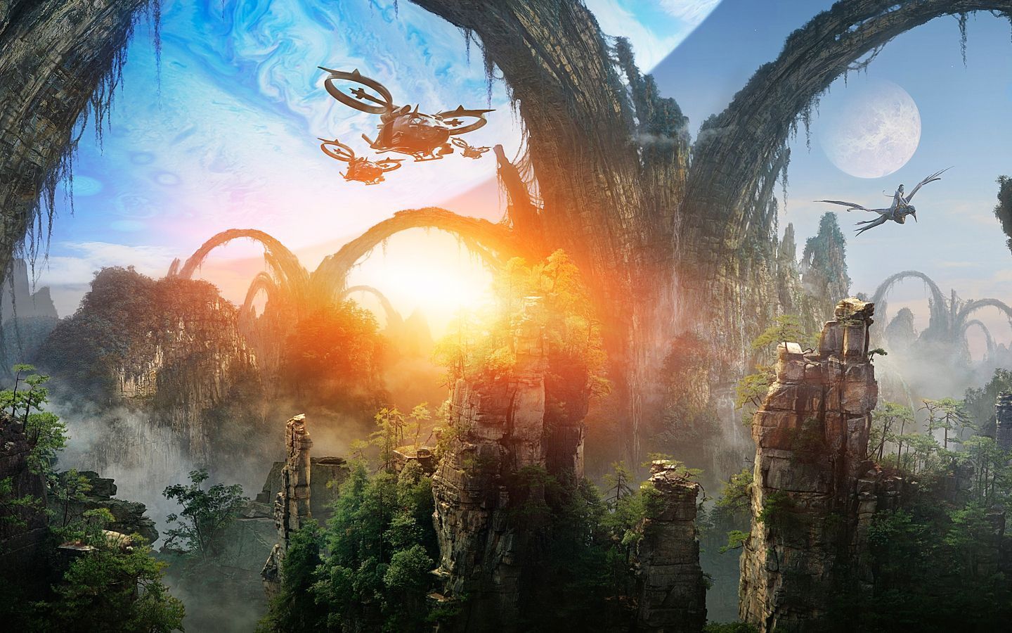 Pandora, Steinbögen, Sonnenuntergang, Fluggeräte, Gegenlicht, HD, Windows-Hintergrundbild
